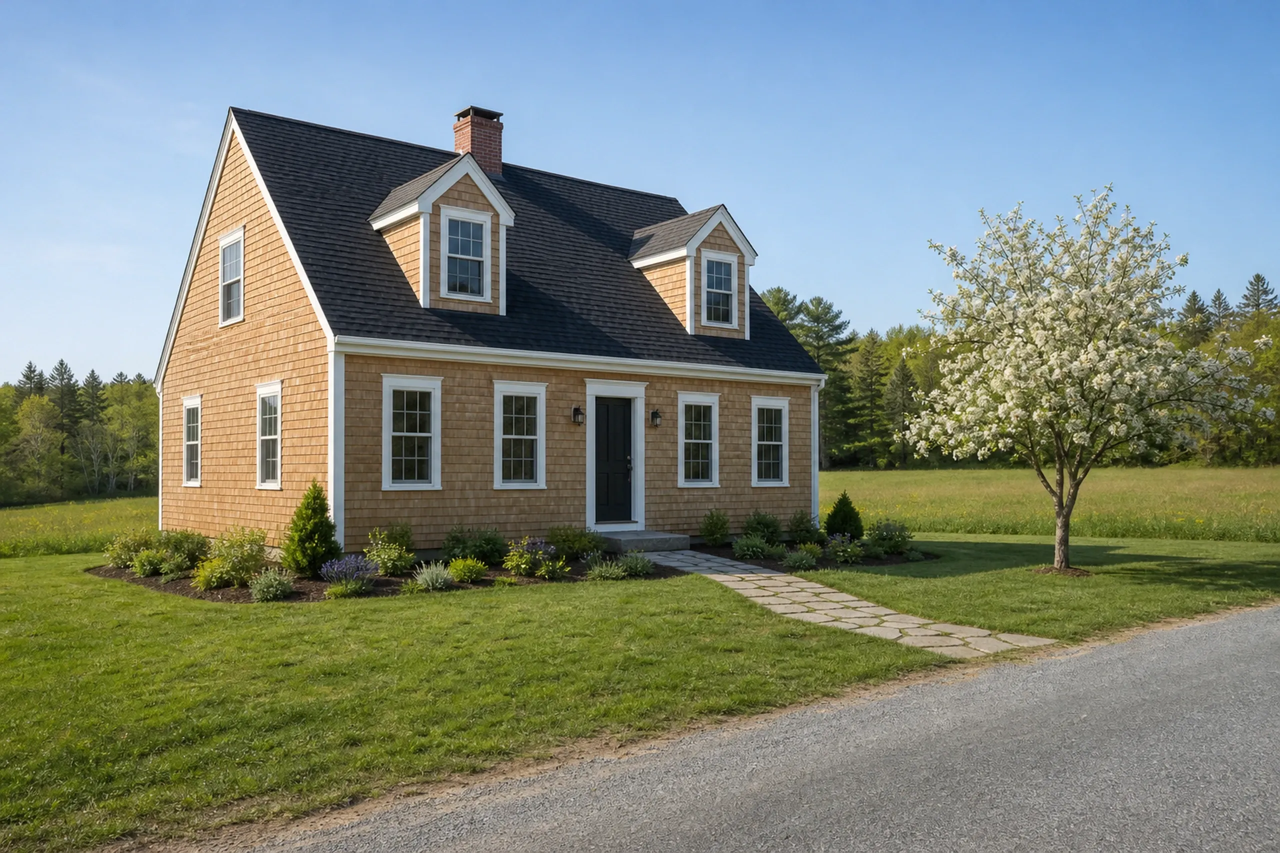 General contractor in Buxton: cape style house with natural cedar shingles, two dormers, a brick chimney and a stone path, a white blossoming tree on the lawn in spring