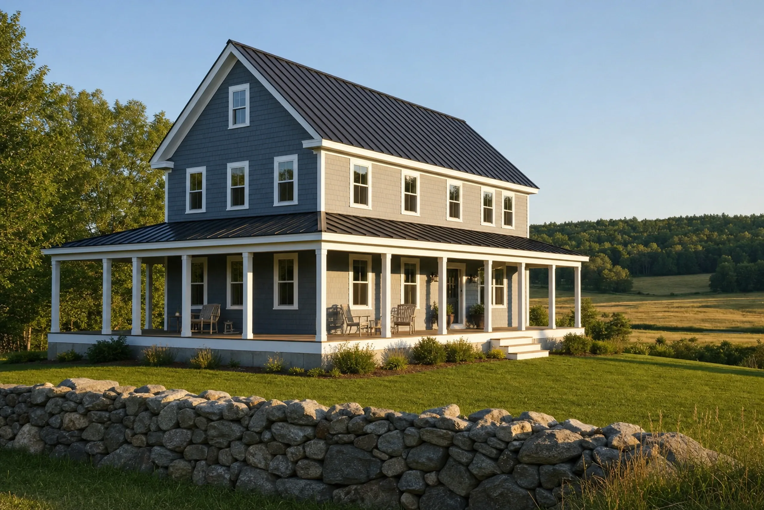 General contractor in Buxton, ME: two-story farmhouse with a blue-gray shingled gable, dark metal roof and wraparound porch with chairs, behind a stone wall and hayfield