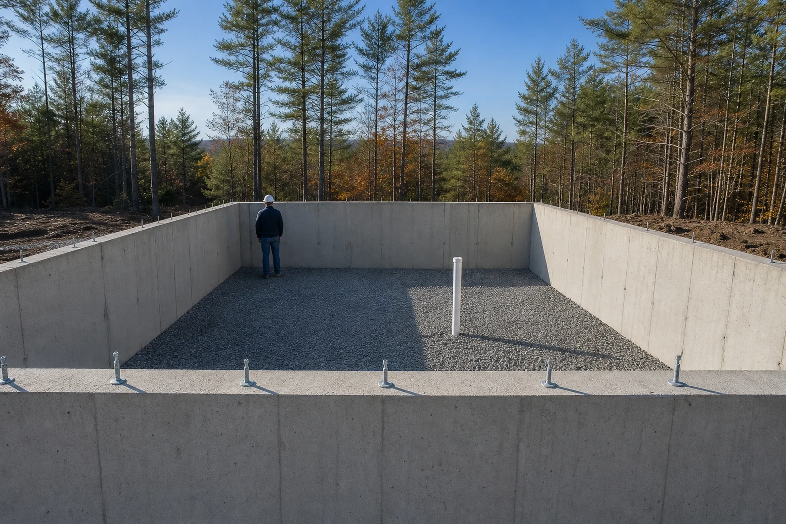 General contractor in Buxton: poured concrete foundation walls with anchor bolts on top, a gravel floor and a white vent pipe, one man in a hard hat standing inside