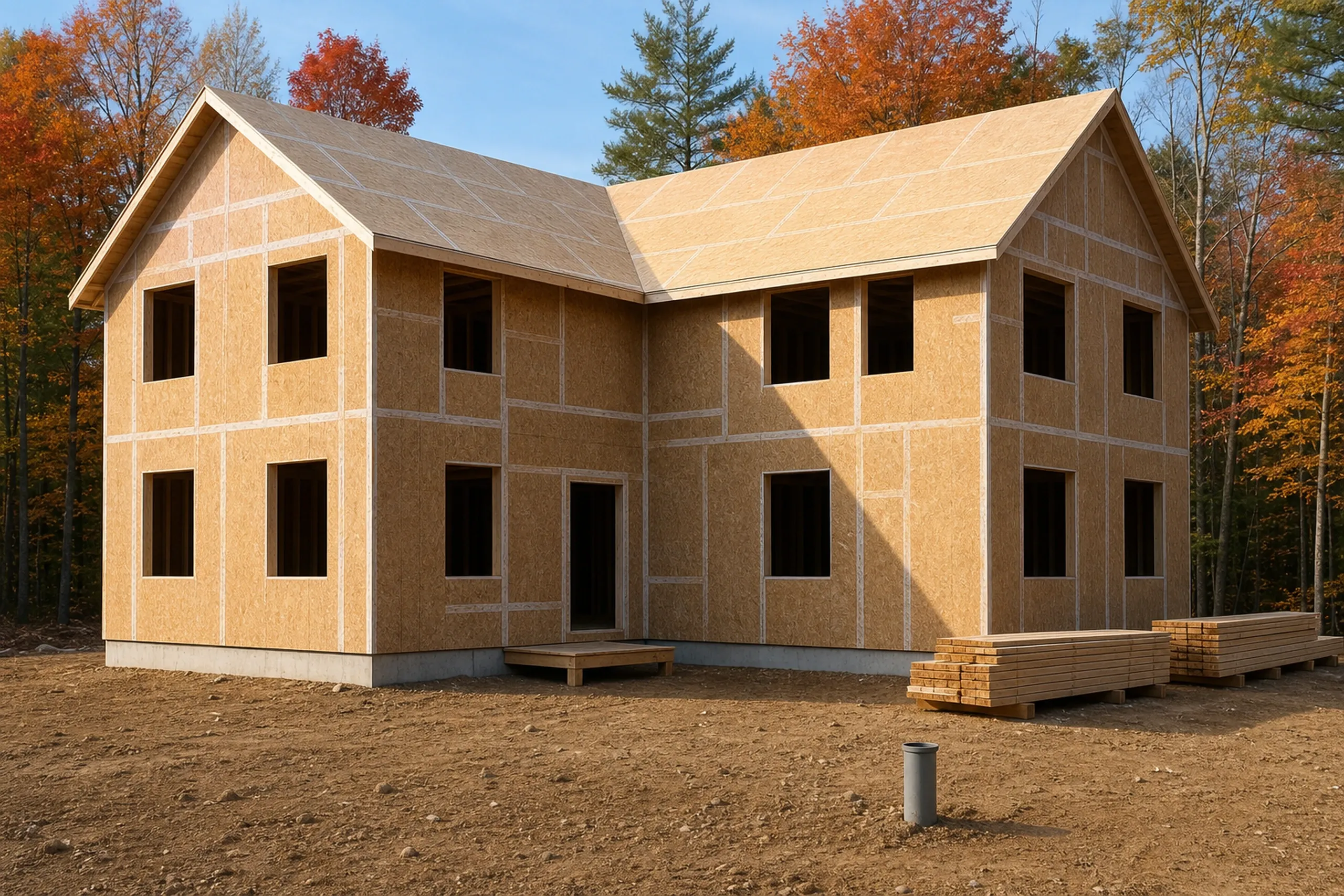 General contractor in Buxton: two-story house framed and sheathed with empty window openings and no siding, lumber stacks and a gray pipe on bare ground, autumn woods