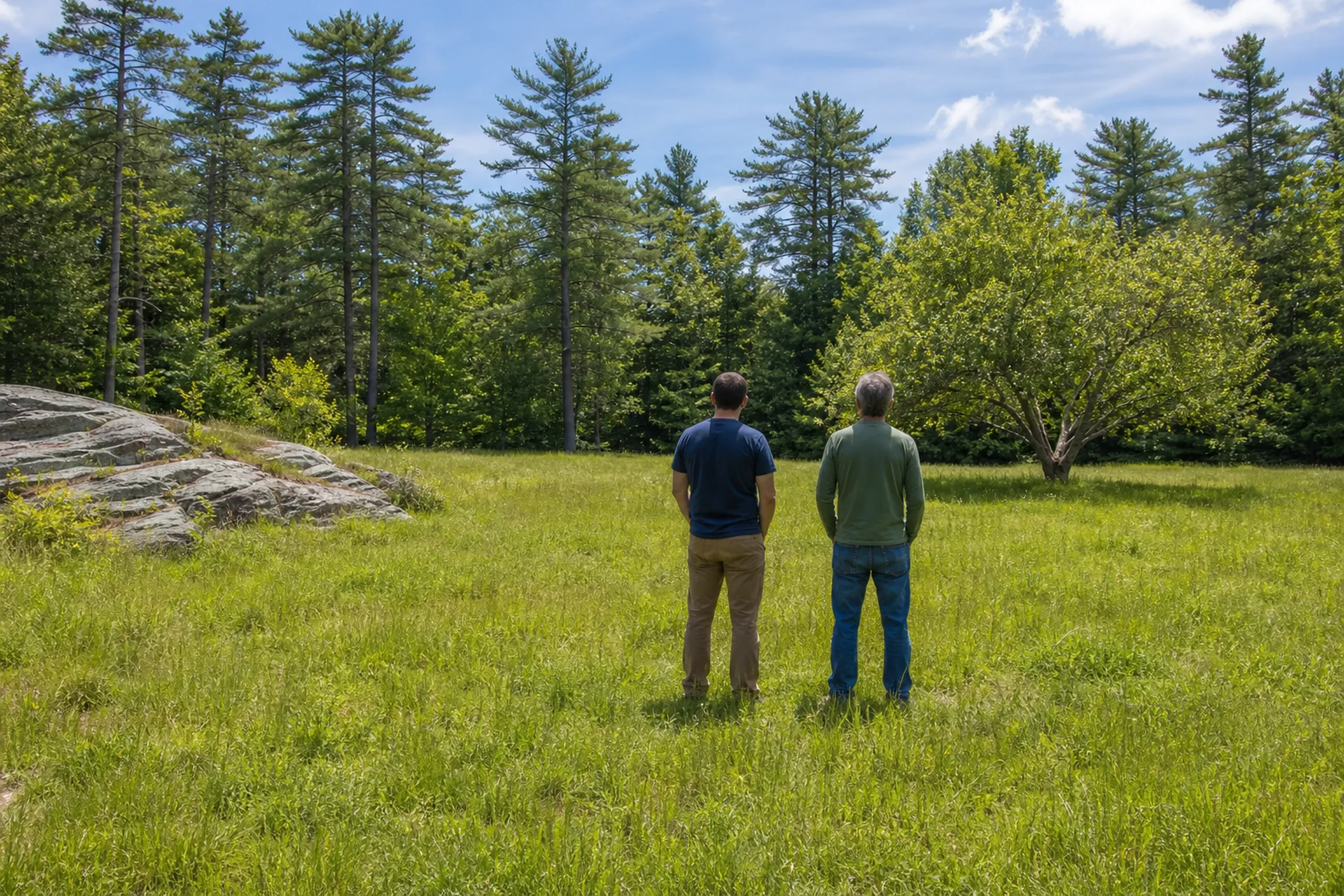 General contractor in Buxton first visit: two men seen from behind in a grassy clearing, one in a blue shirt and one in green, facing pines, a ledge outcrop and a small tree