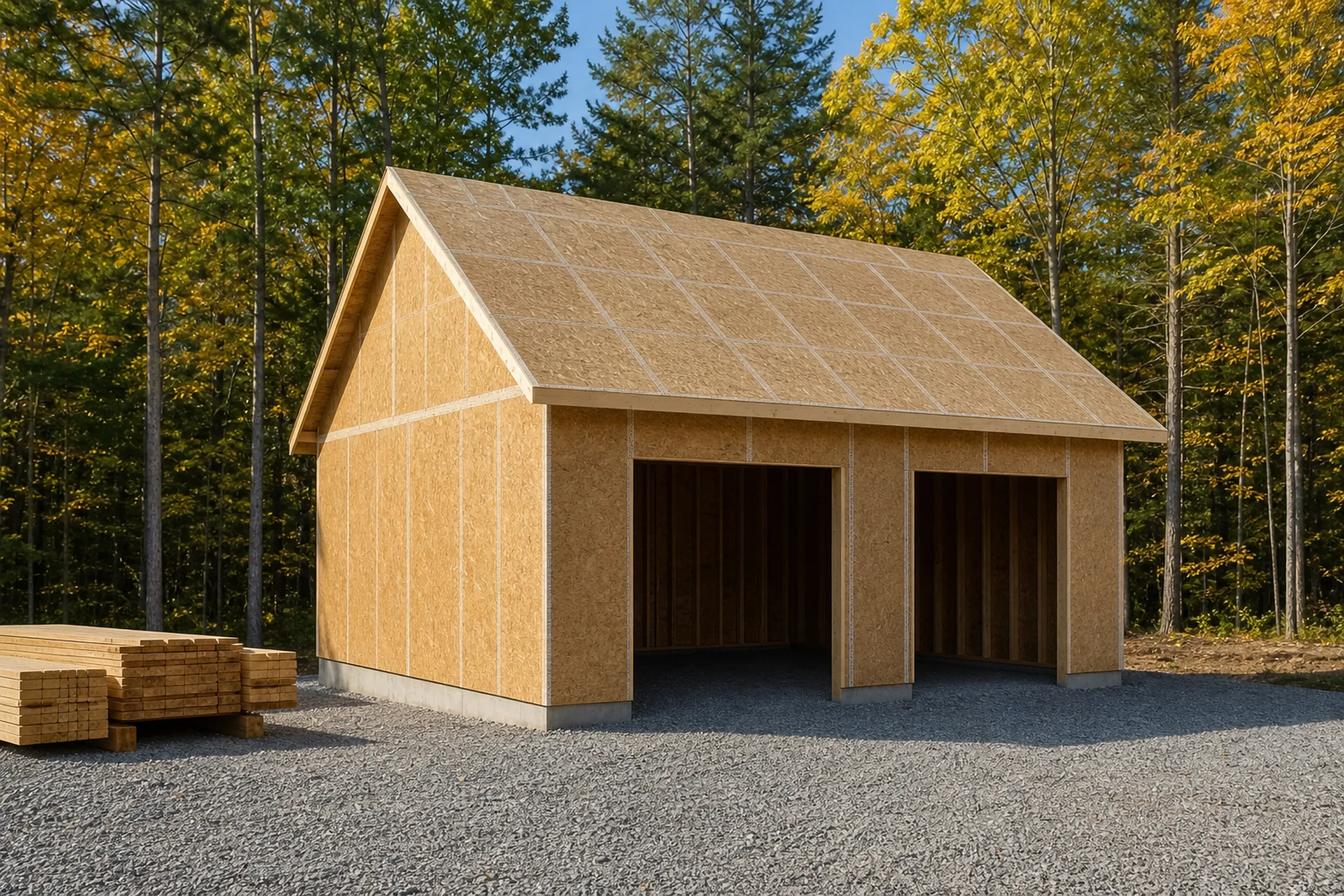 General contractor in Buxton in progress: detached two-bay garage framed and sheathed in tan panels, open door bays and gravel to the openings, lumber stacked beside it in woods