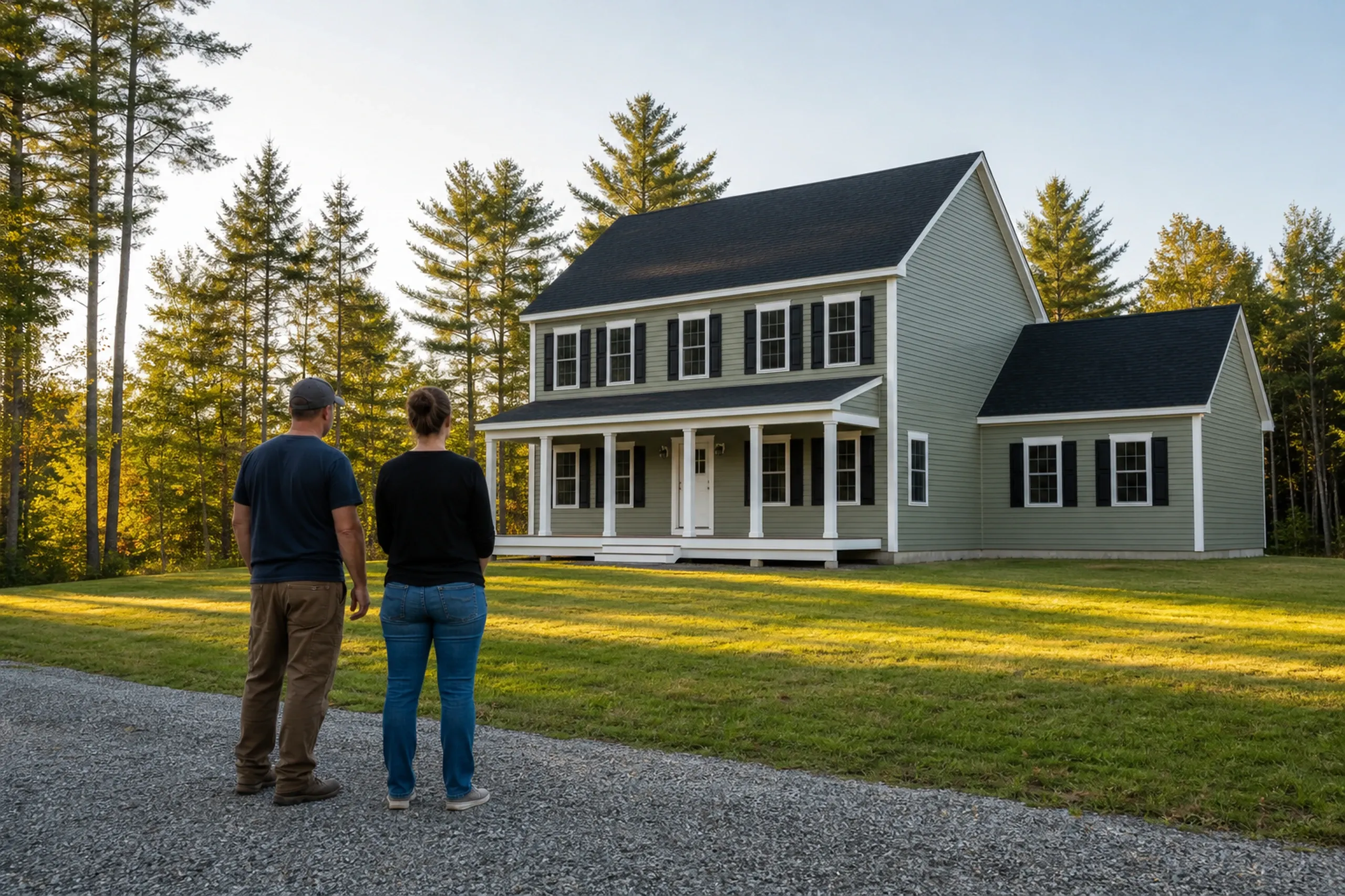 General contractor in Buxton final walkthrough: A man in a cap and a woman, seen from behind on gravel, looking at a finished green two-story house with black shutters and a porch