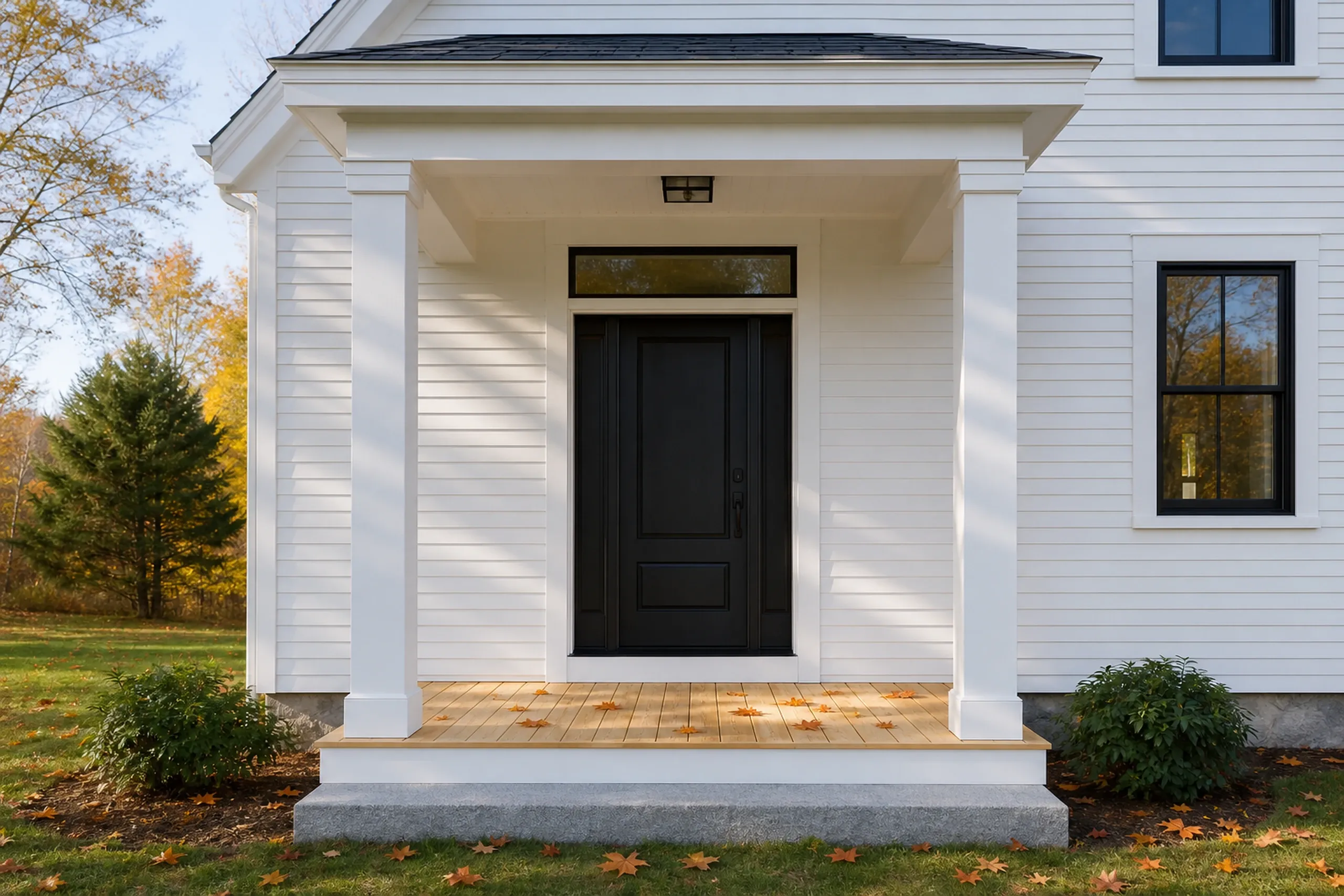 General contractor in Buxton: white clapboard house with a small covered entry, two square columns, a black door with a transom, a granite step and fallen leaves