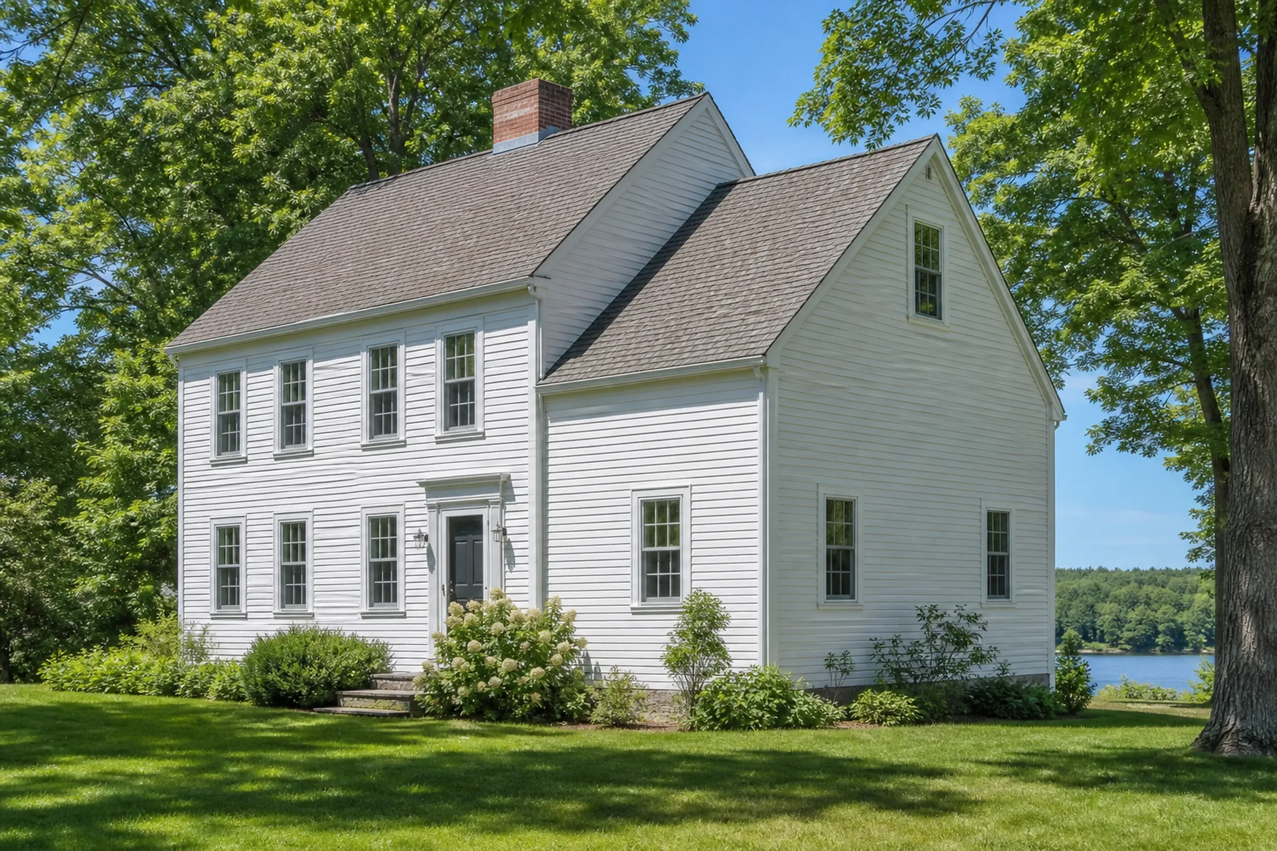 General contractor in Buxton: white clapboard colonial house with a brick chimney and a lower wing joined to its side, under big trees on a lawn with a lake behind