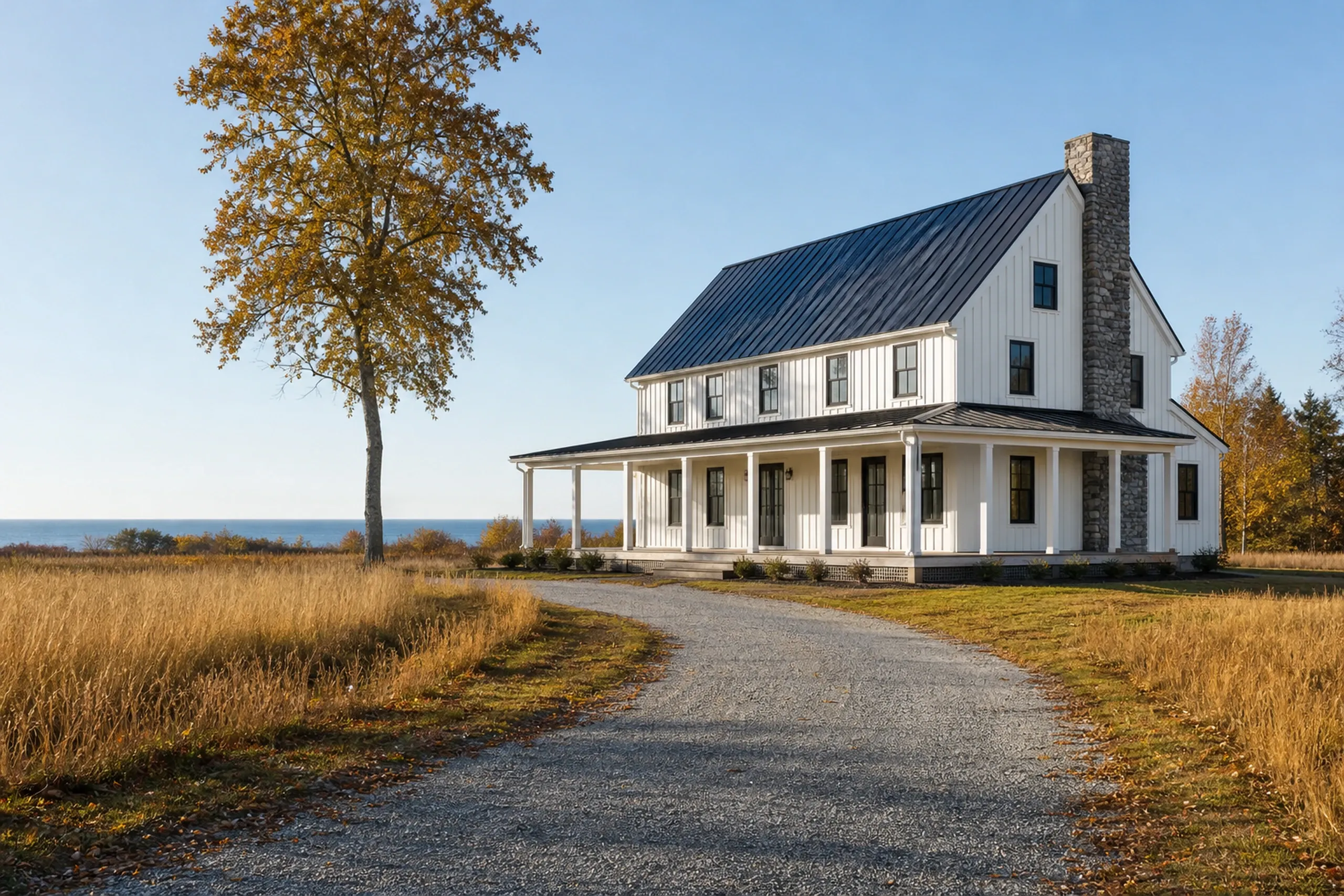General contractor in Cape Elizabeth: white board-and-batten farmhouse with a dark metal roof, wraparound porch and stone chimney, beside a gravel drive with the ocean behind