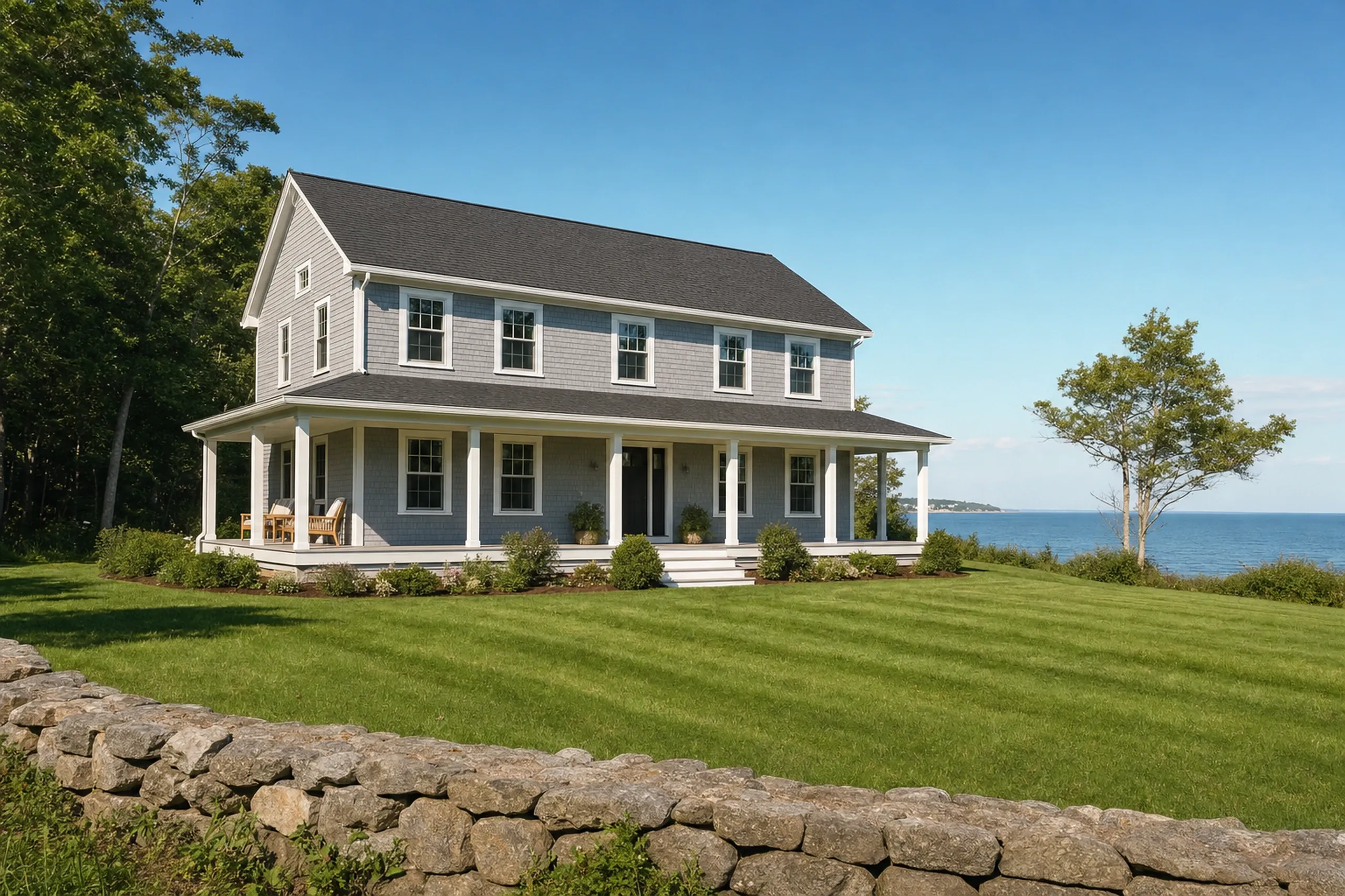 General contractor in Cape Elizabeth, ME: gray shingled two-story house with a dark roof and a porch across the front, on a mowed lawn behind a low stone wall, with the sea beyond