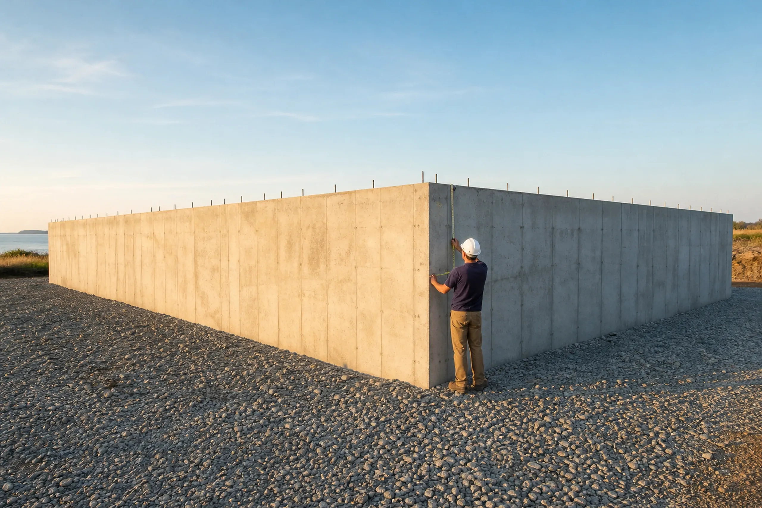 General contractor in Cape Elizabeth: A man in a white hard hat, seen from behind, measuring a tall poured concrete foundation with anchor bolts on top, set in gravel