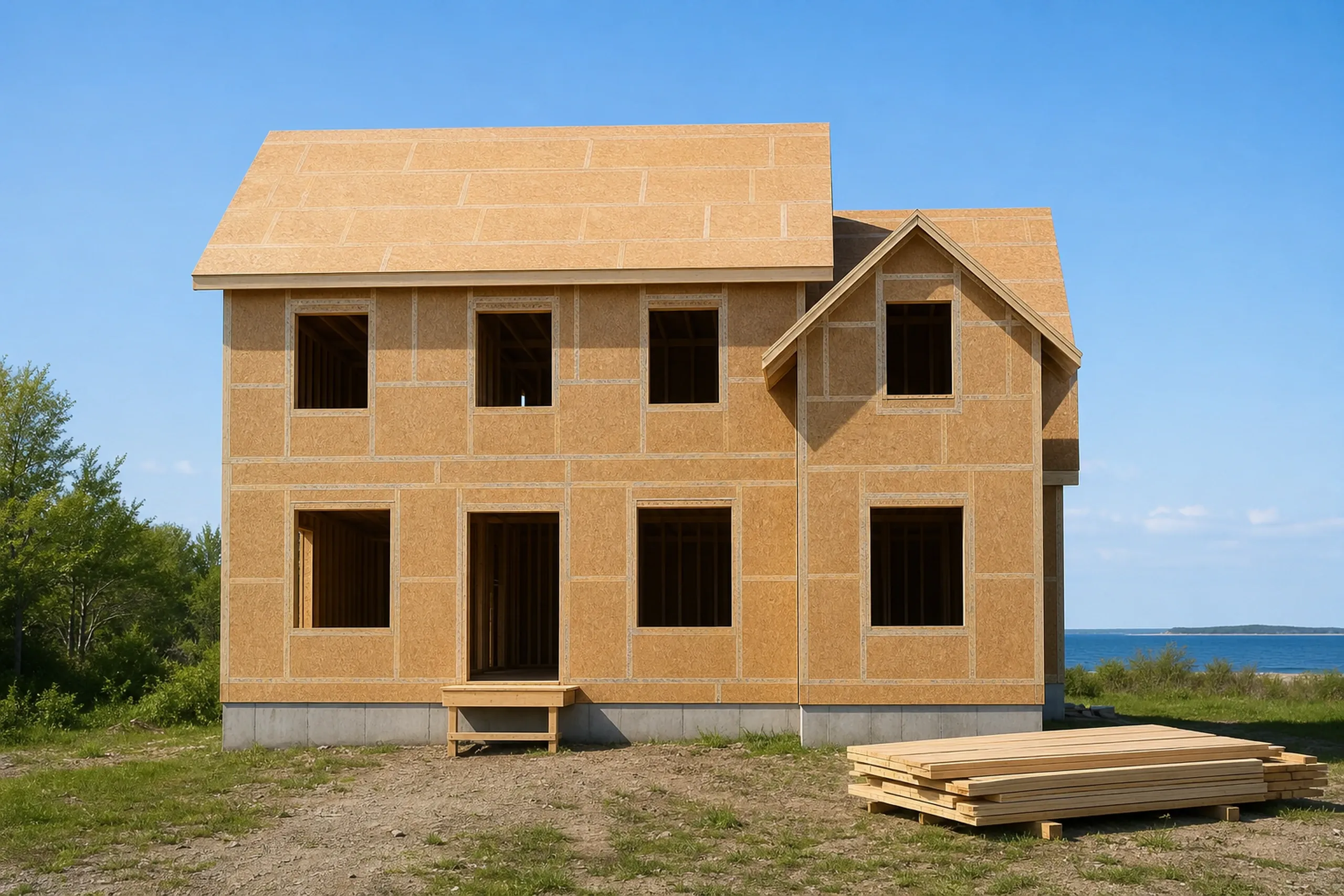 General contractor in Cape Elizabeth: two-story house framed and sheathed with a smaller gable wing, empty window openings, a plank step, a lumber stack and the sea beyond