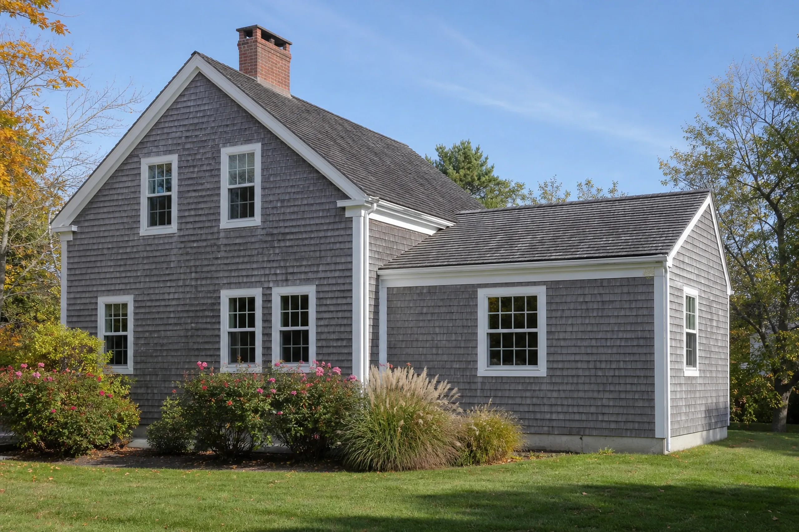 General contractor in Cape Elizabeth: silver-gray cedar shingled house with a new one-story wing joined to its side, a brick chimney, pink flowering shrubs and tall grasses