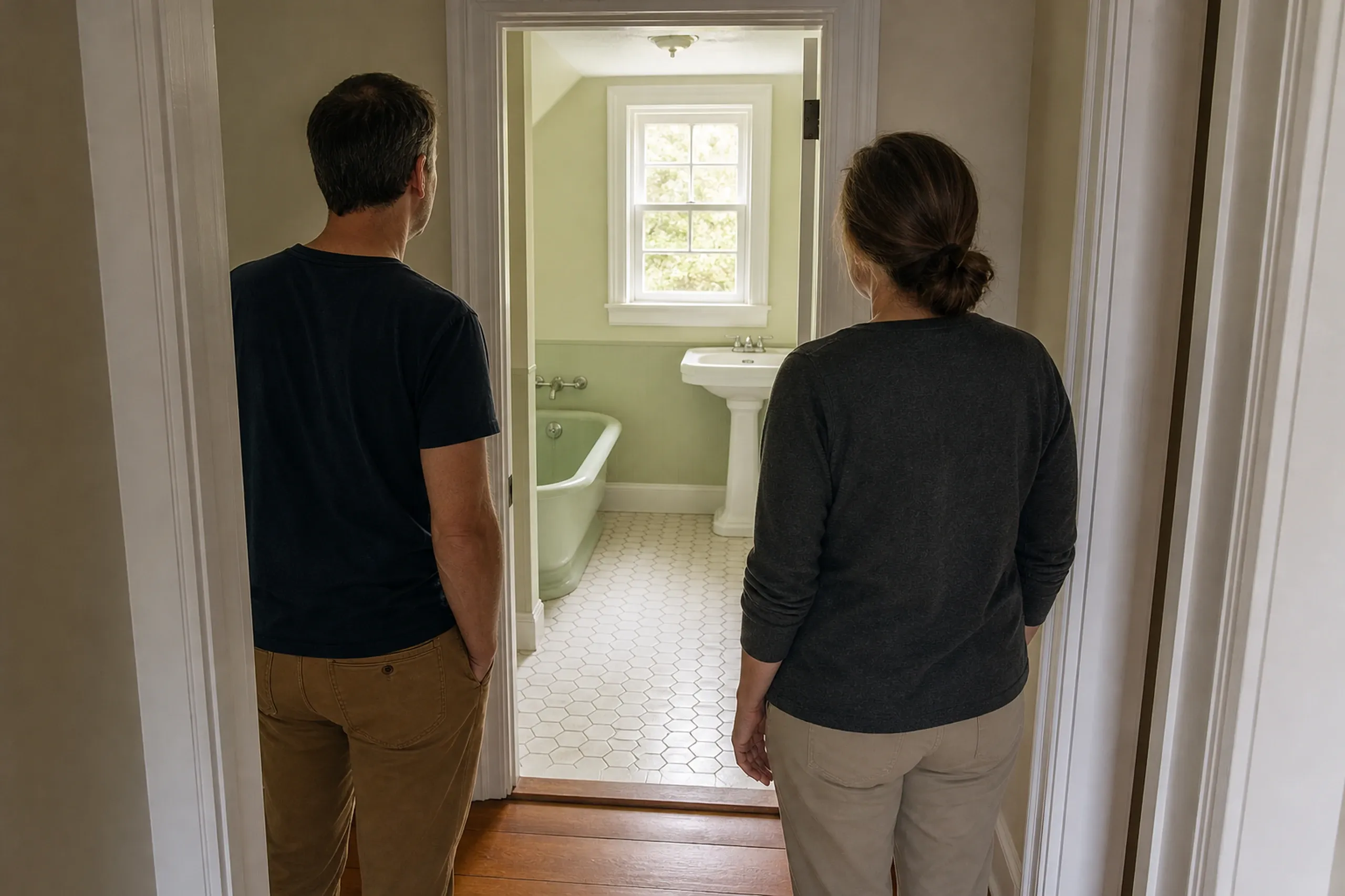 General contractor in Cape Elizabeth: two people seen from behind in a doorway, looking into an older bathroom with a pale green tub, pedestal sink and white hexagon floor tile