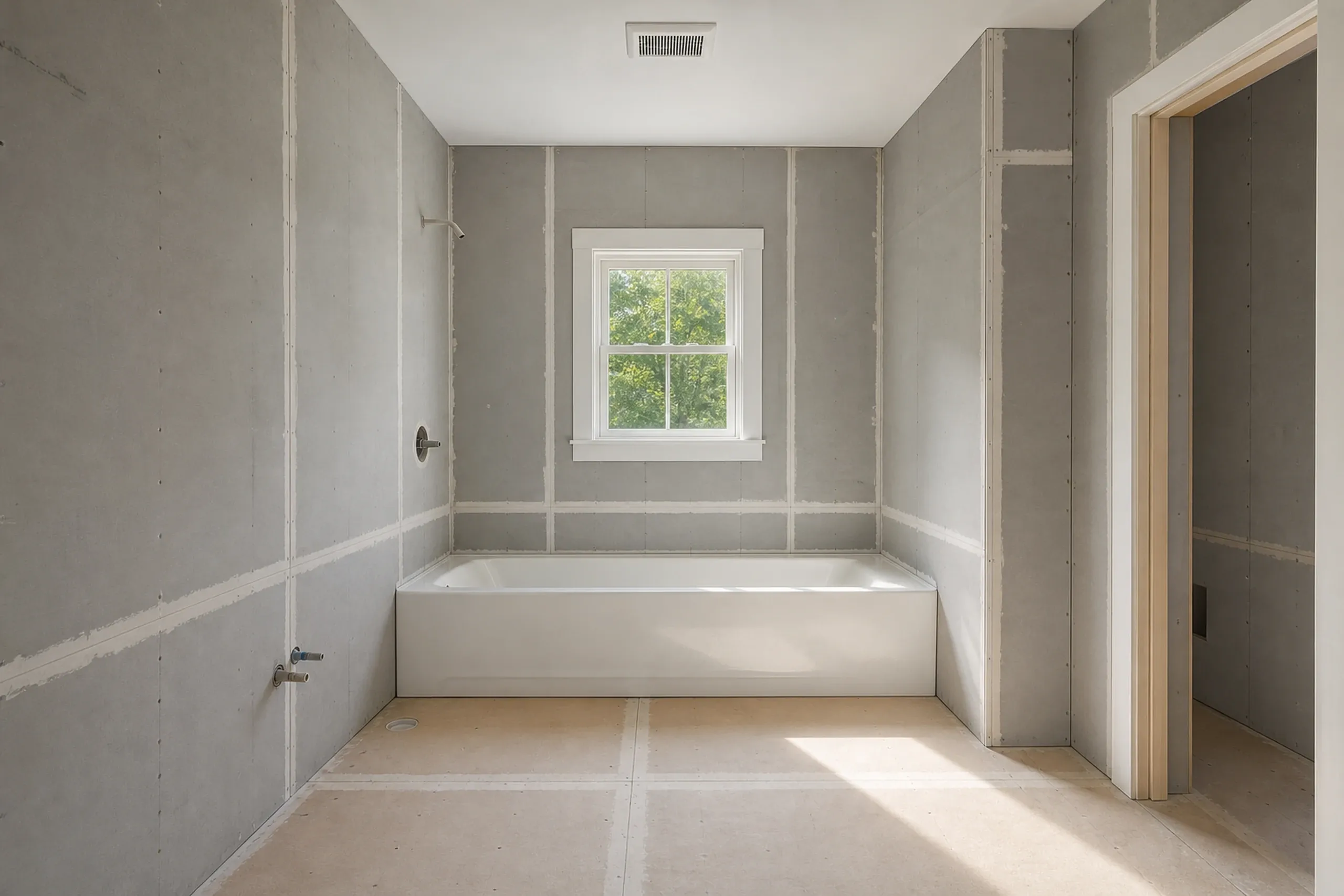 General contractor in Cape Elizabeth in progress: bathroom walls and floor covered in gray backer board with a white tub set in place under a window, valves exposed and no tile yet
