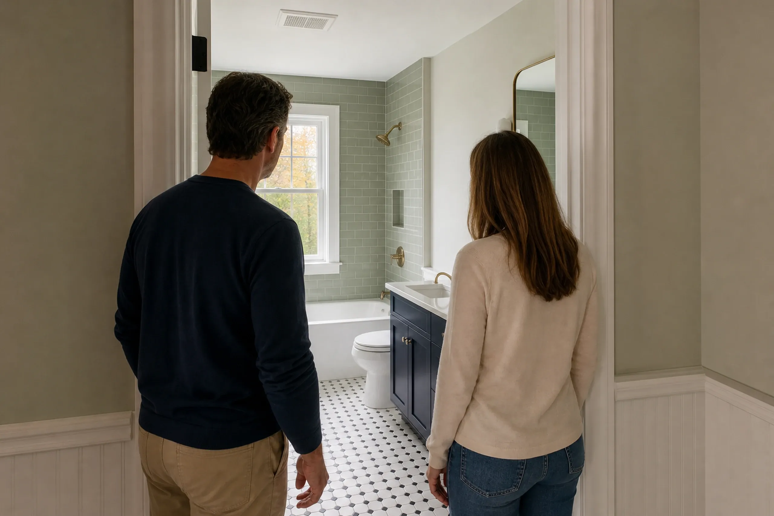 General contractor in Cape Elizabeth: A man and a woman seen from behind in a doorway, facing a finished bathroom with green wall tile, a navy vanity and patterned floor tile