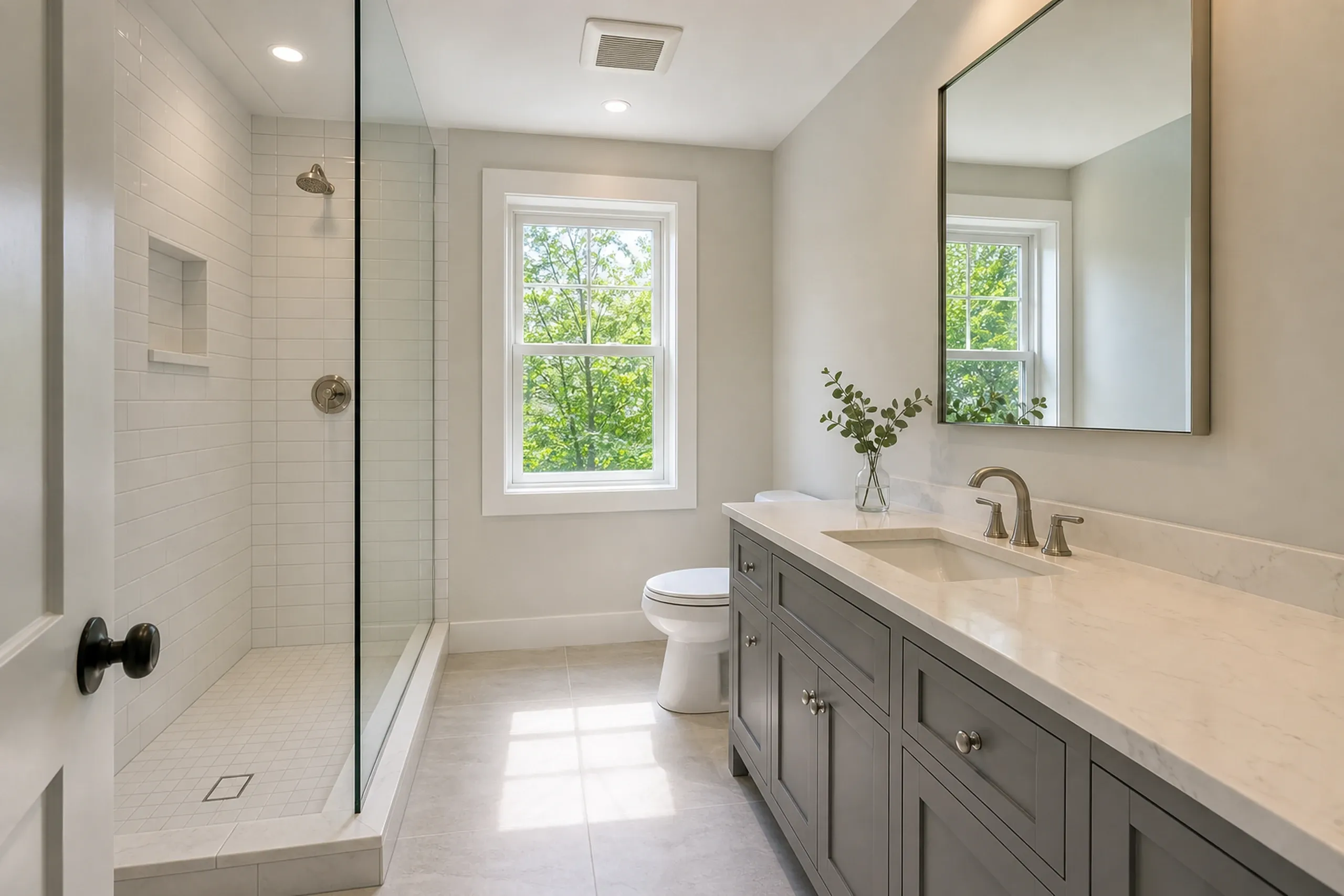General contractor in Cape Elizabeth: bathroom with a glass-walled walk-in shower in white subway tile, a long gray vanity with a white top, a wall mirror, a toilet and a window