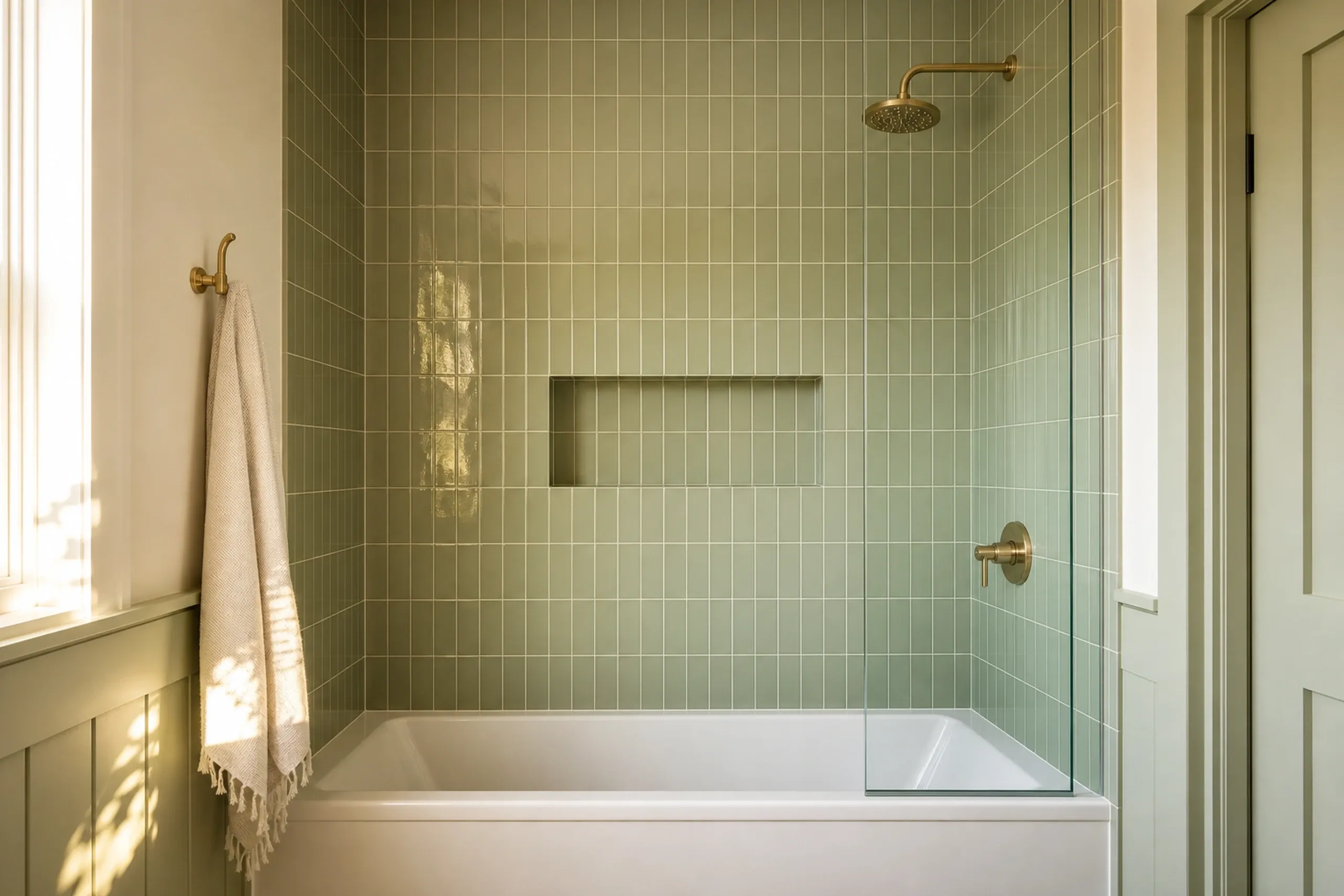 General contractor in Cape Elizabeth: tub and shower with sage green vertical tile, a recessed niche, a brass shower head, a glass panel and a fringed towel on a hook
