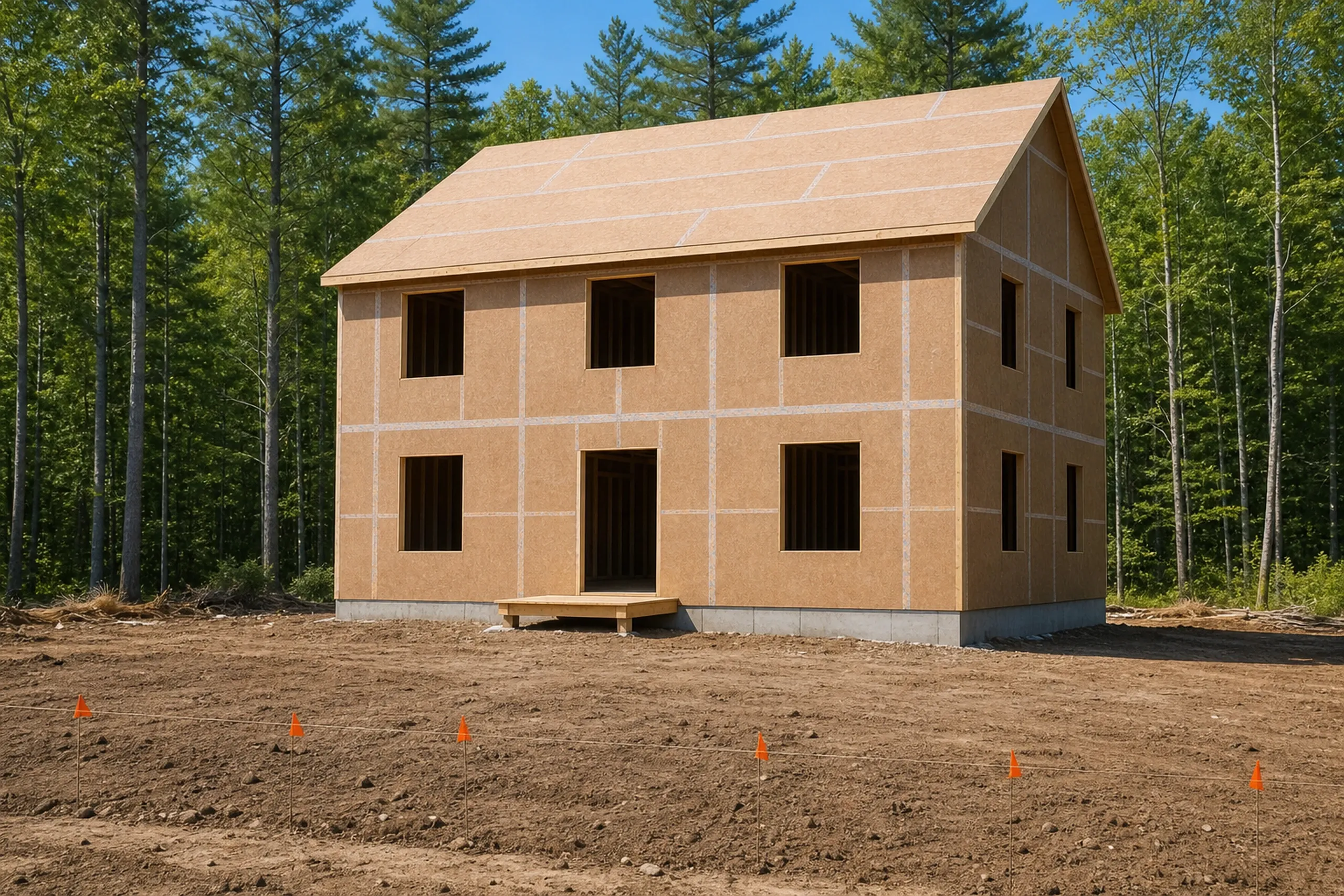 General contractor in Cumberland: two-story house framed and sheathed in a clearing among pines, empty window openings, orange survey flags on bare dirt in front