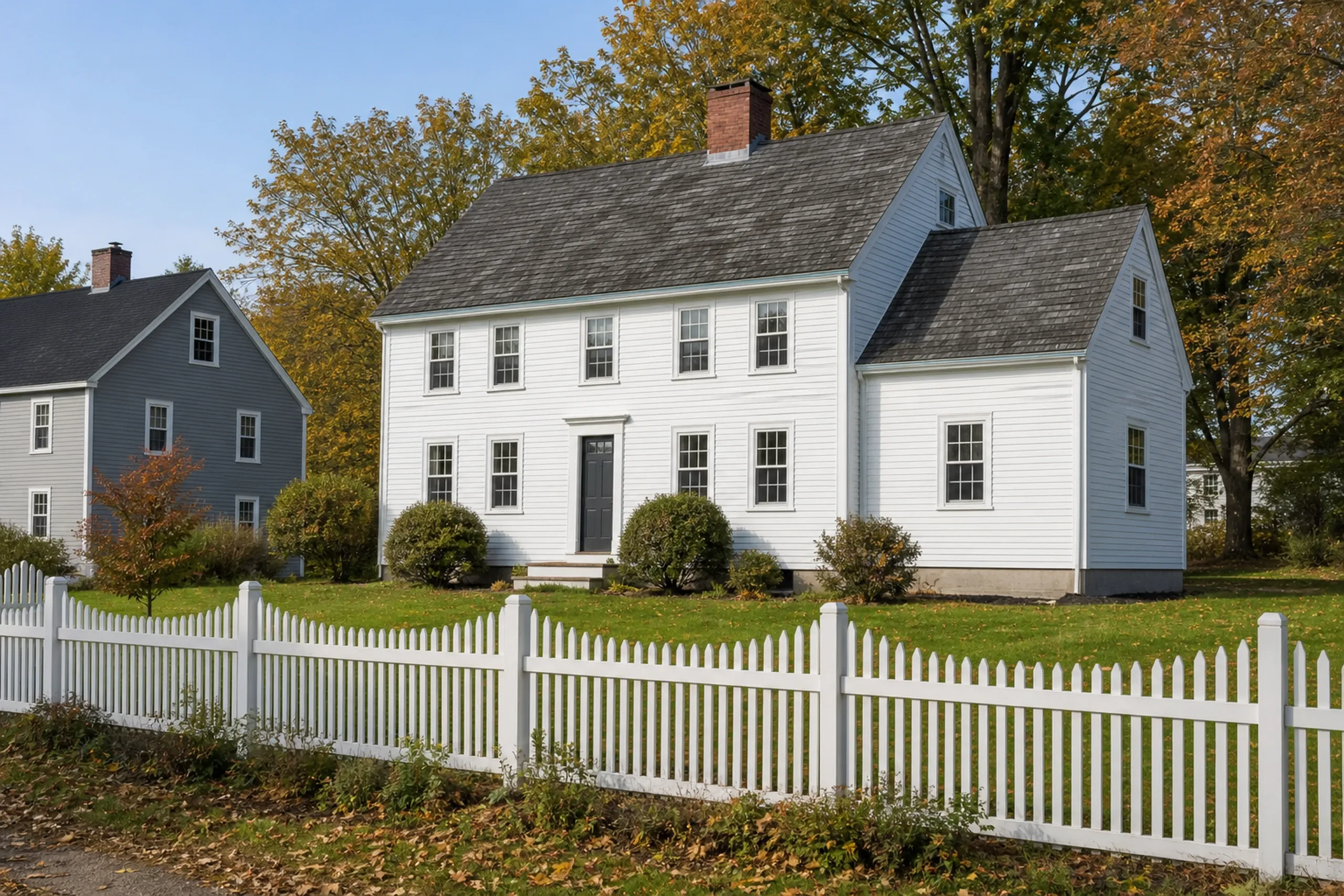 General contractor in Cumberland: white picket fence in front of a white two-story colonial with a black door and a side wing, a gray house at left, autumn trees behind