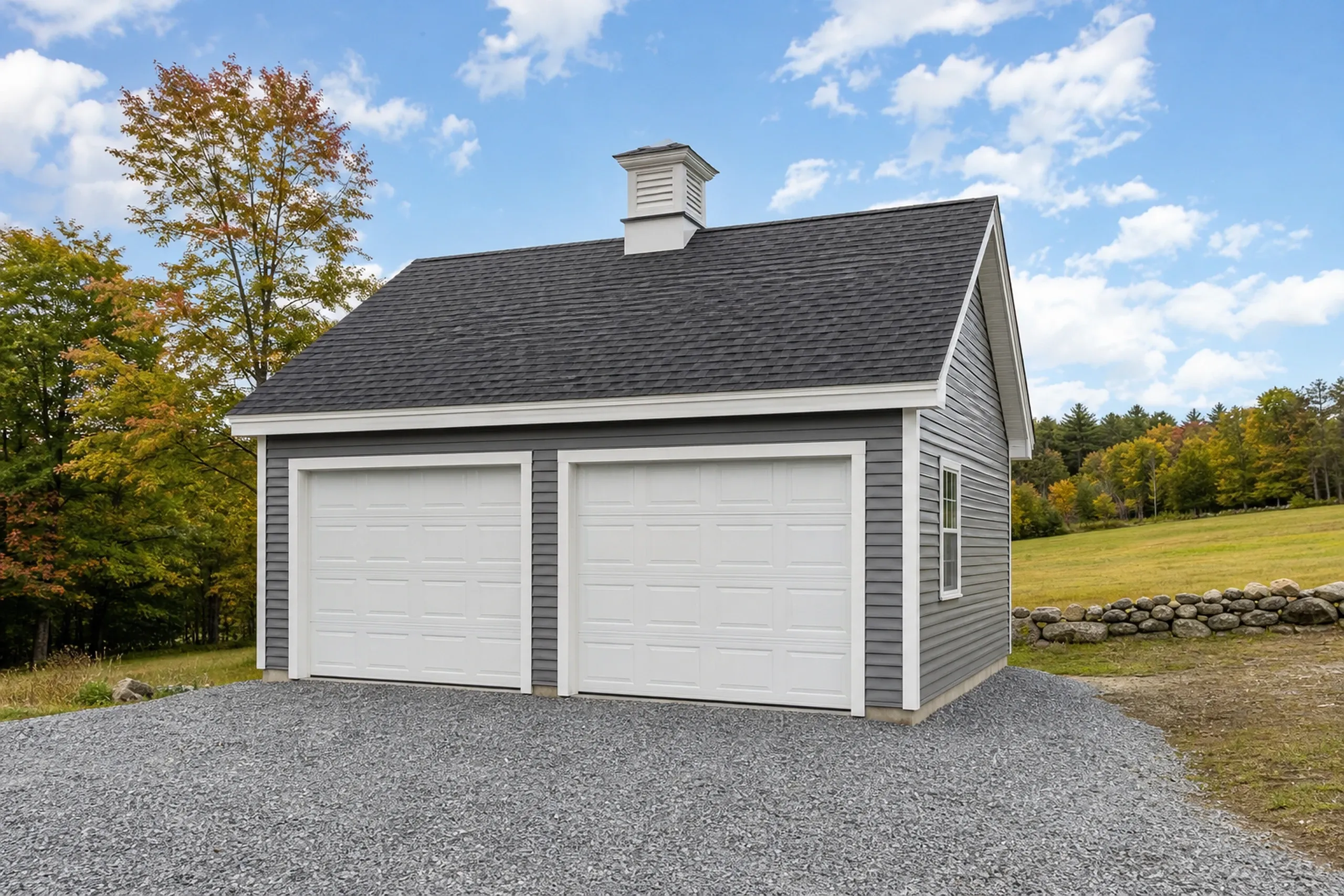 General contractor in Cumberland: gray-sided two-car garage with white doors and a cupola on a dark shingle roof, a gravel apron and a stone wall beside a grassy field