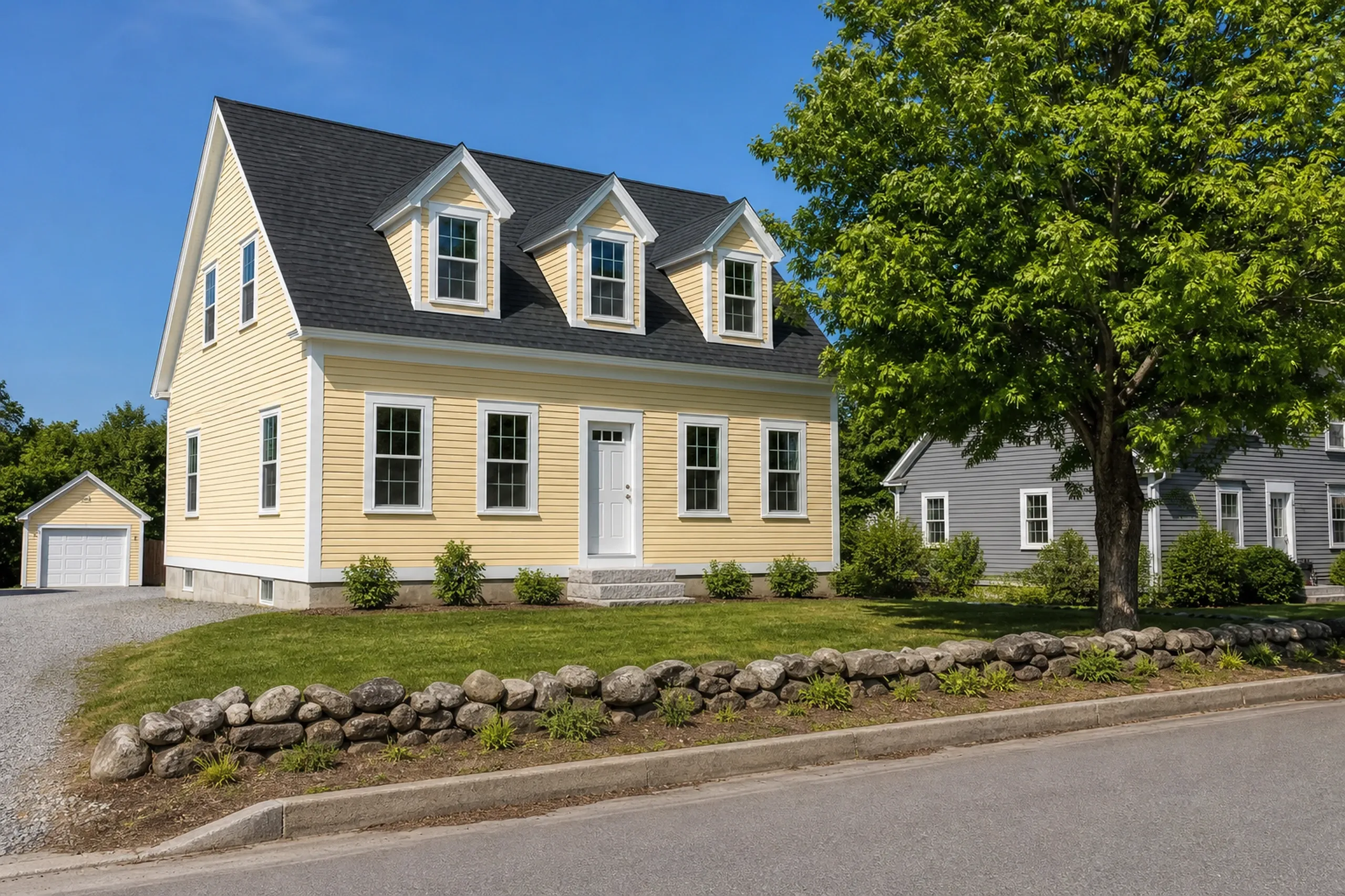 General contractor in Cumberland: yellow clapboard Cape with three dormers and a white door, a small detached garage at left, and a low stone wall along the street