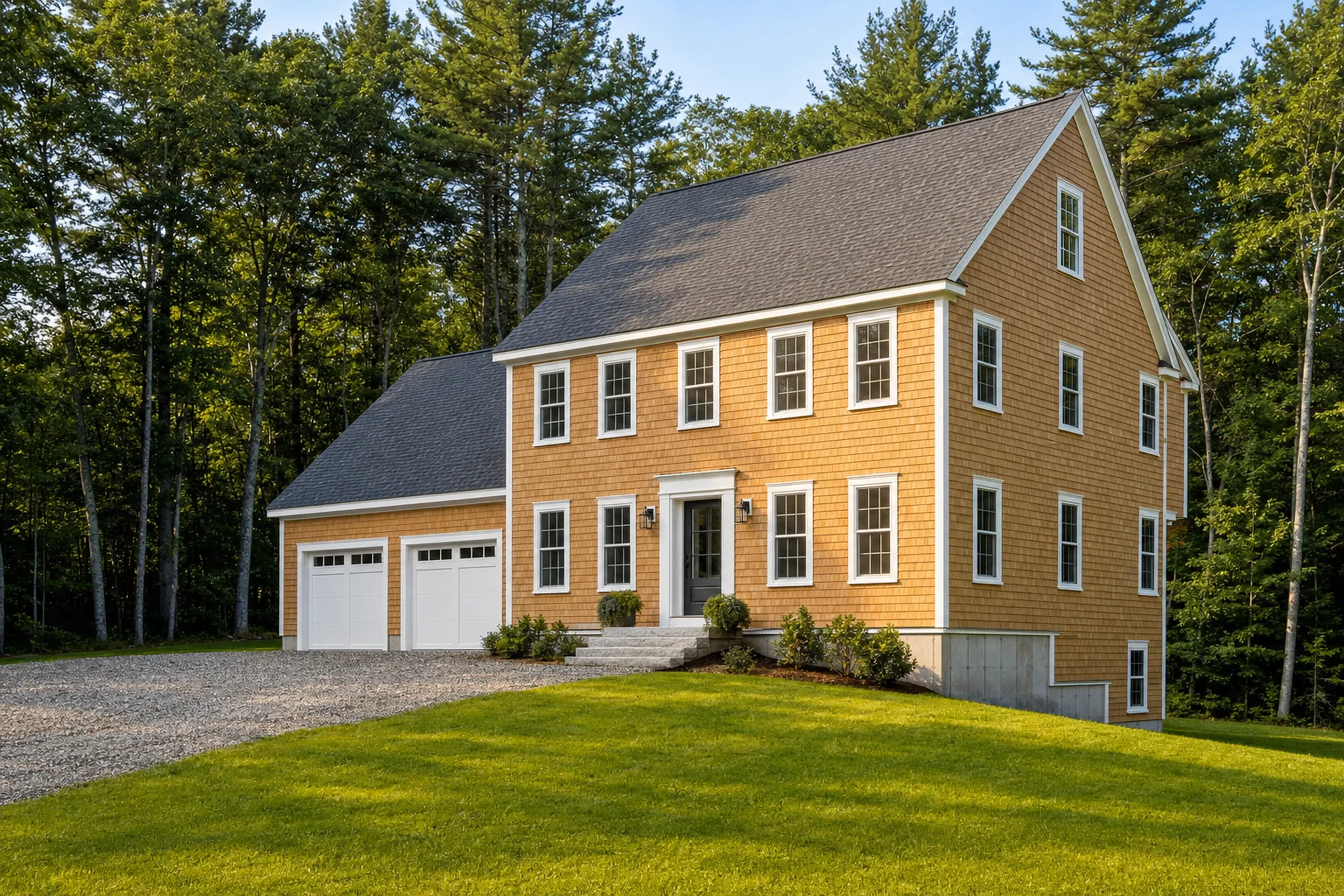 General contractor in Cumberland, ME: two-story cedar shingled house with white trim and an attached two-bay garage, a gravel drive, a mowed lawn and tall pines behind
