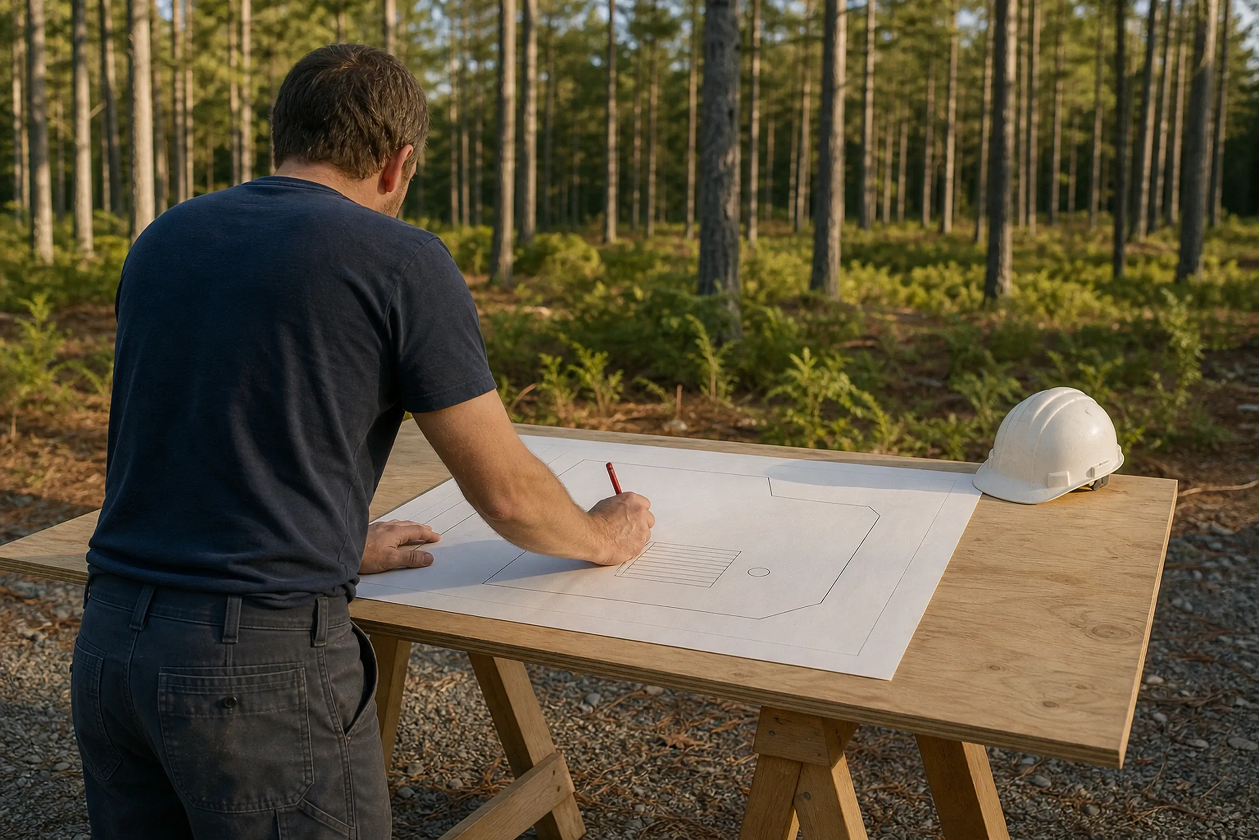 General contractor in Cumberland: A man in a dark shirt, seen from behind, drawing on a paper plan spread over a plywood table in the woods, a white hard hat beside it