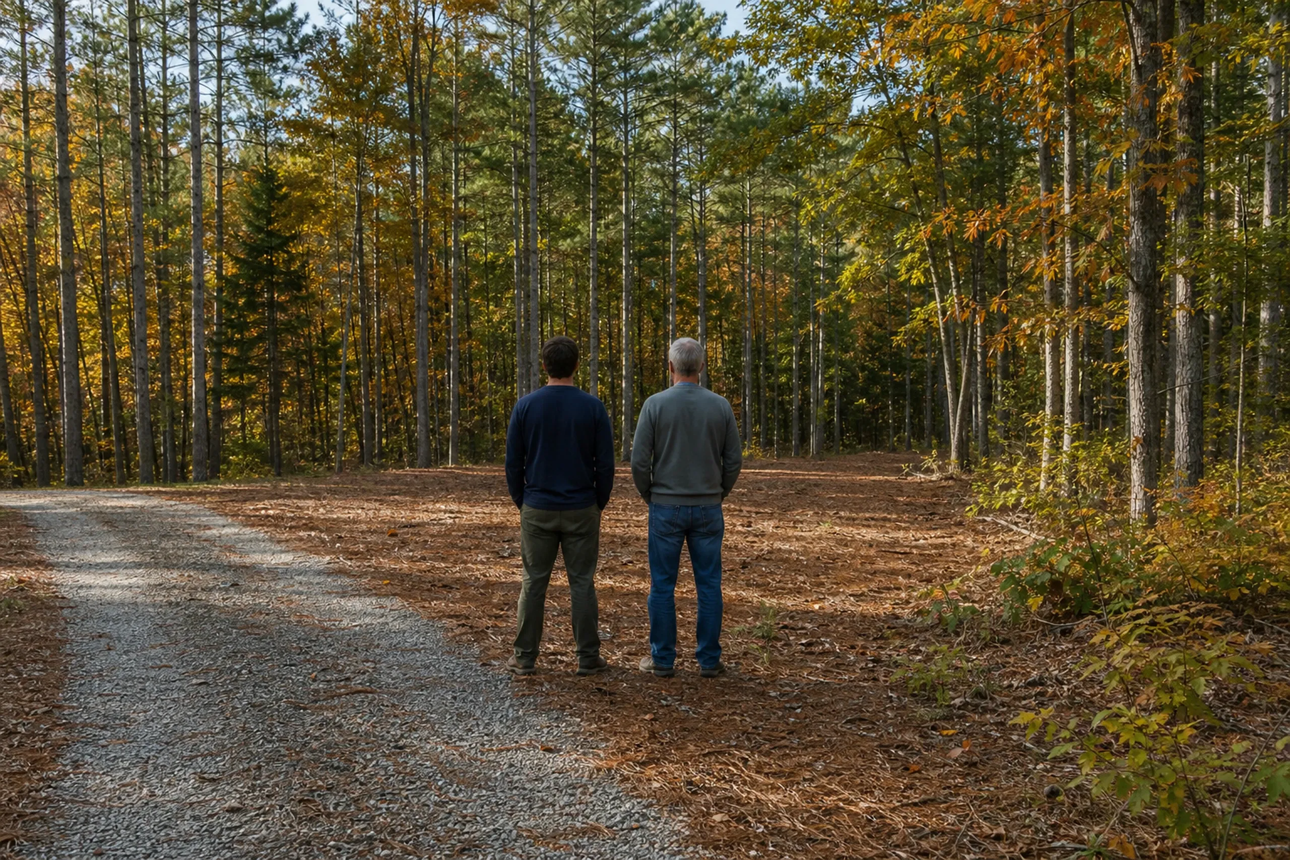 General contractor in Cumberland first visit: two men seen from behind in a pine-needle clearing beside a gravel track, one in a navy sweater, one in gray, facing autumn woods