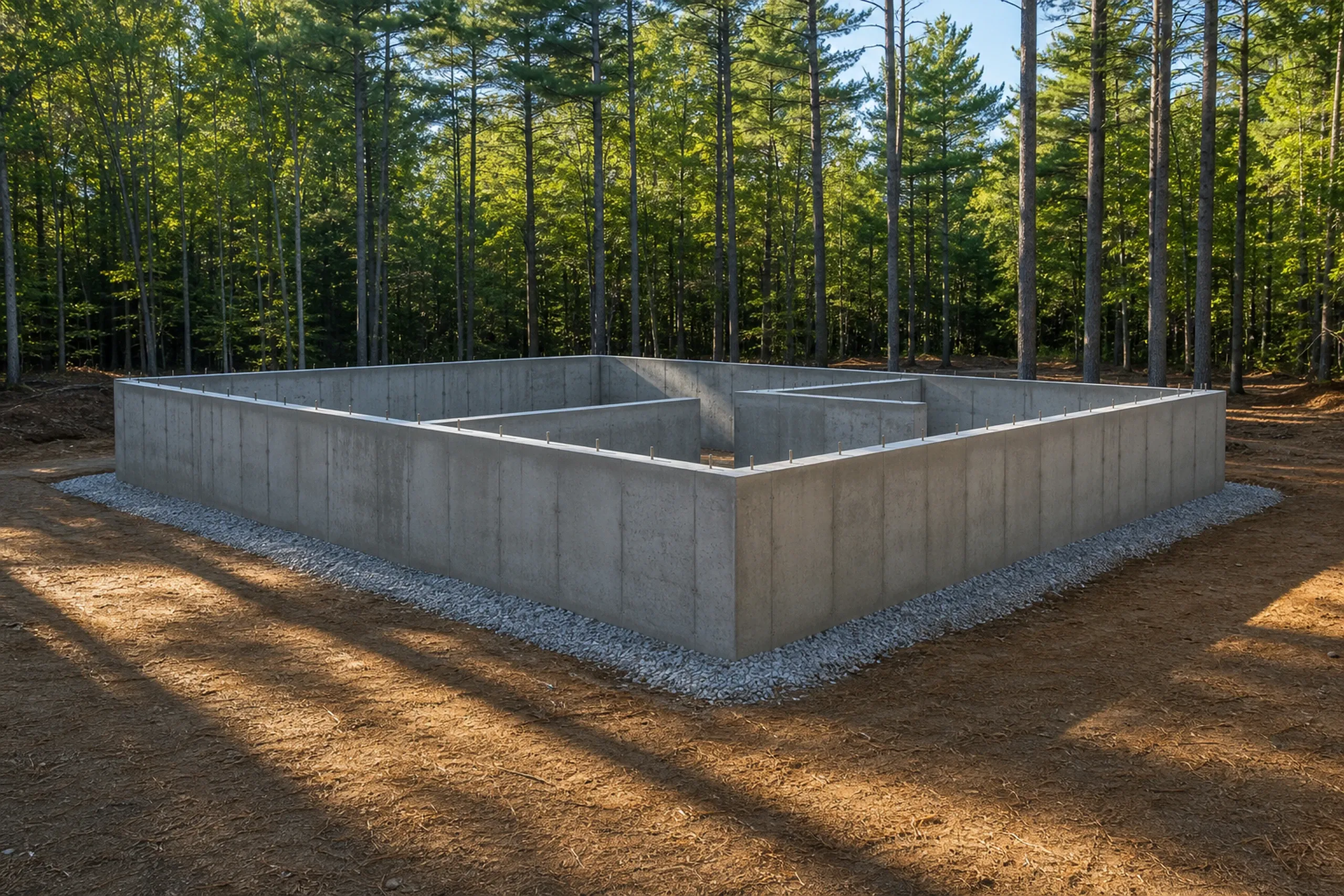 General contractor in Cumberland in progress: poured concrete foundation walls with inner dividing walls and anchor bolts, ringed by gravel on bare dirt among tall pines