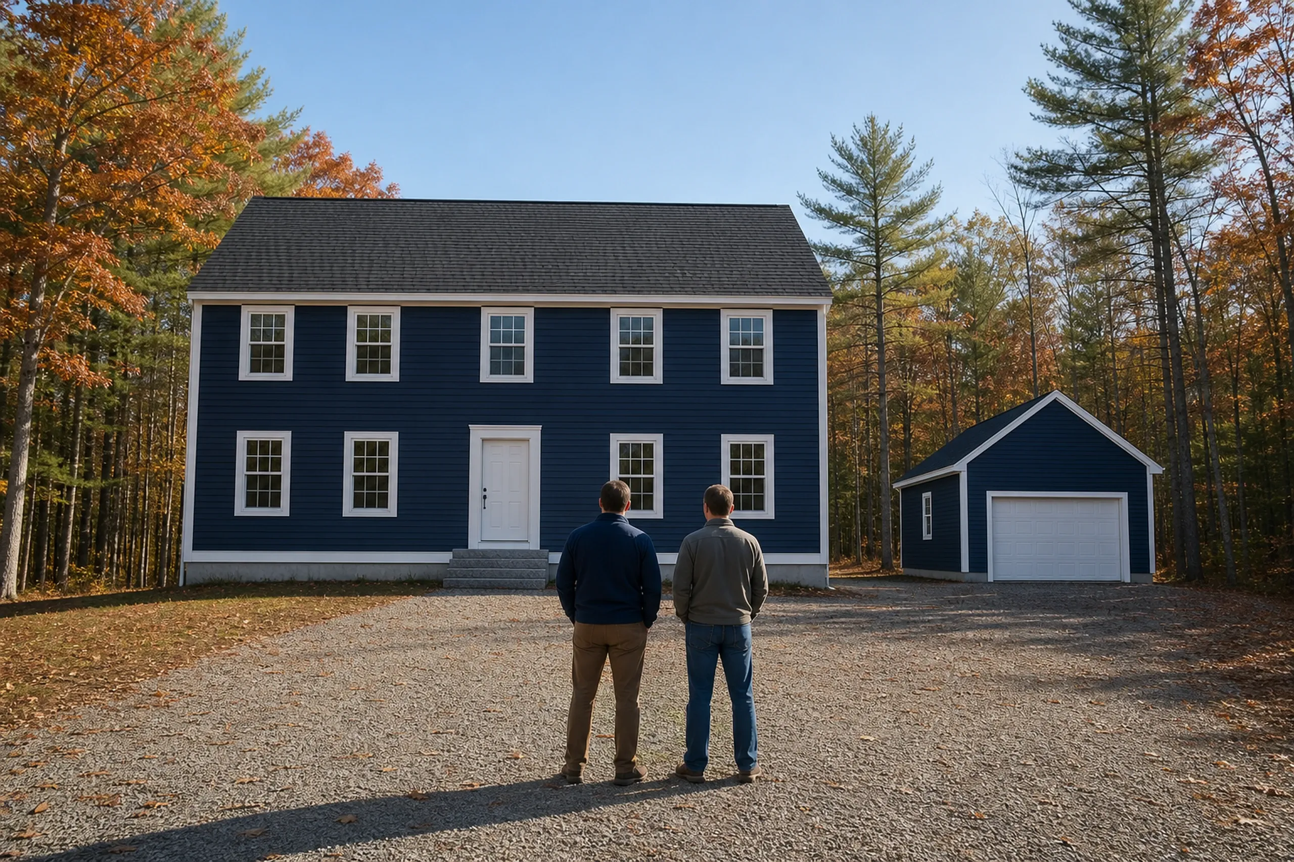 General contractor in Cumberland: two men seen from behind on gravel, facing a navy blue two-story house with white trim and a small matching garage, autumn trees around