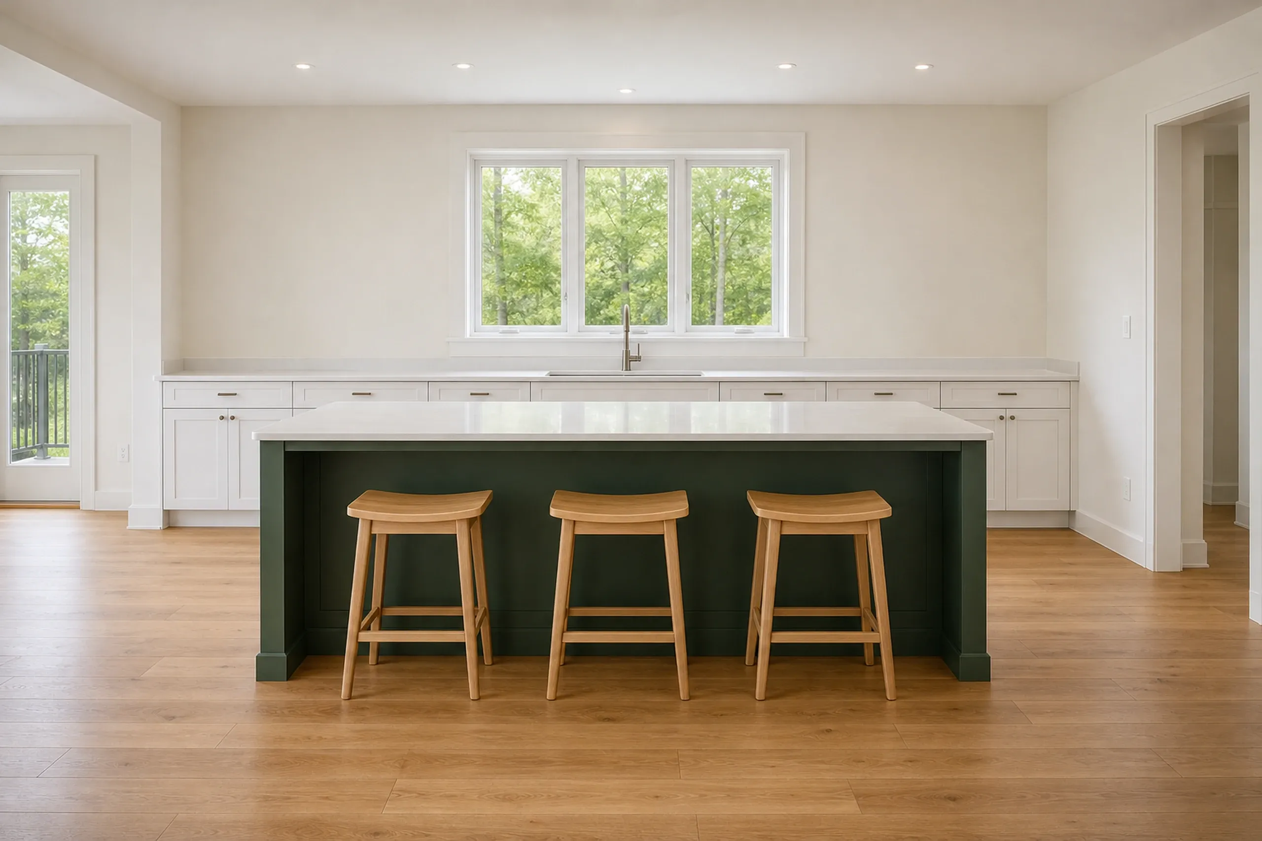 General contractor in Cumberland: open kitchen with white cabinets along a window wall, a dark green island with three wood stools, and wide plank wood flooring