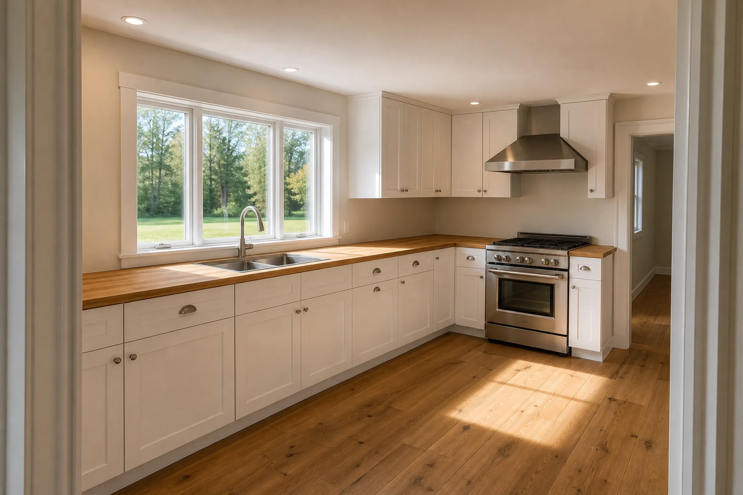General contractor in Dayton: kitchen with white shaker cabinets, wood butcher block counters, a stainless range and hood, and a window over the sink facing a lawn