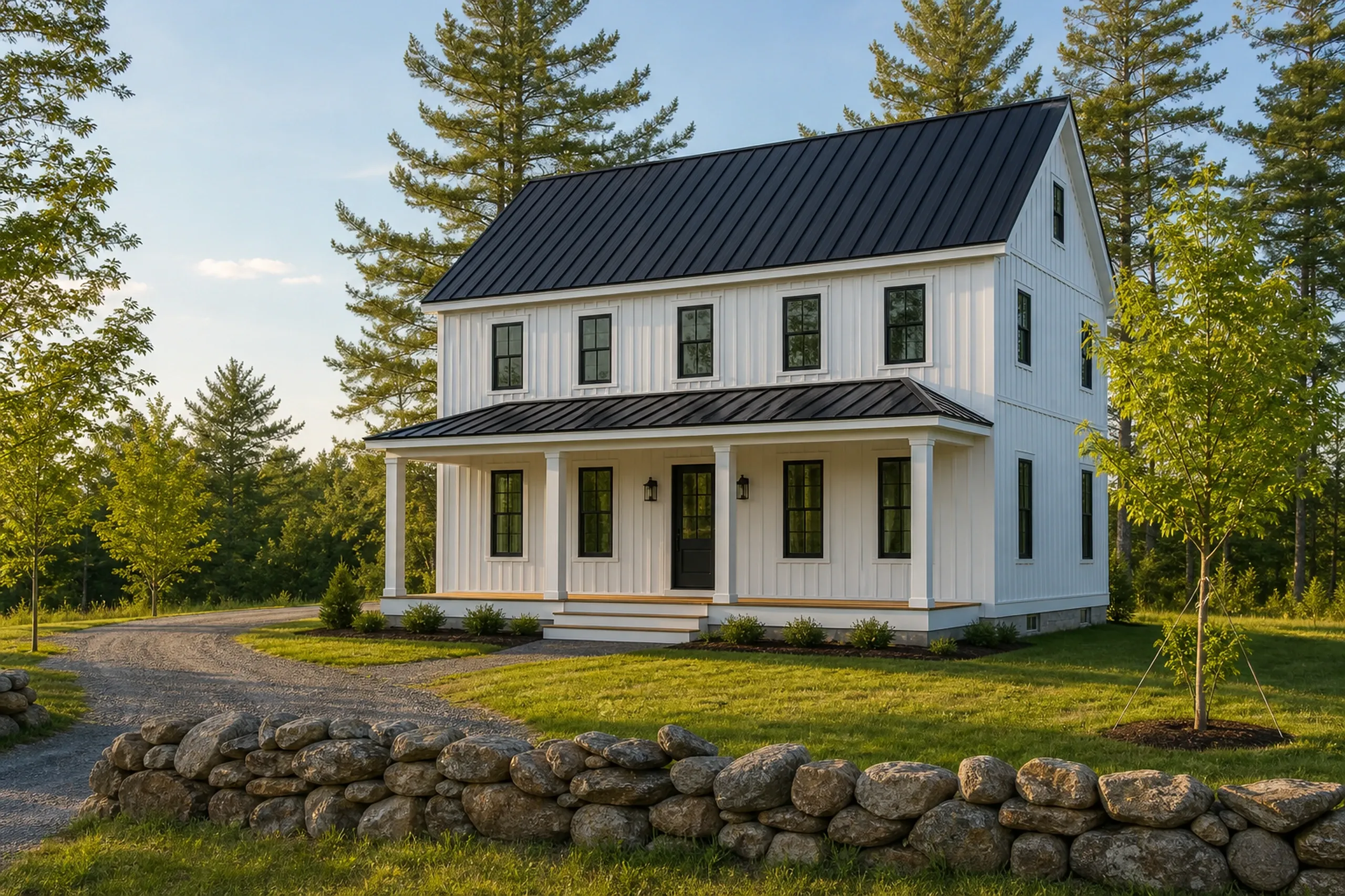 General contractor in Dayton: white board-and-batten farmhouse with black-framed windows, a dark metal roof and a front porch, behind a stone wall and a gravel drive