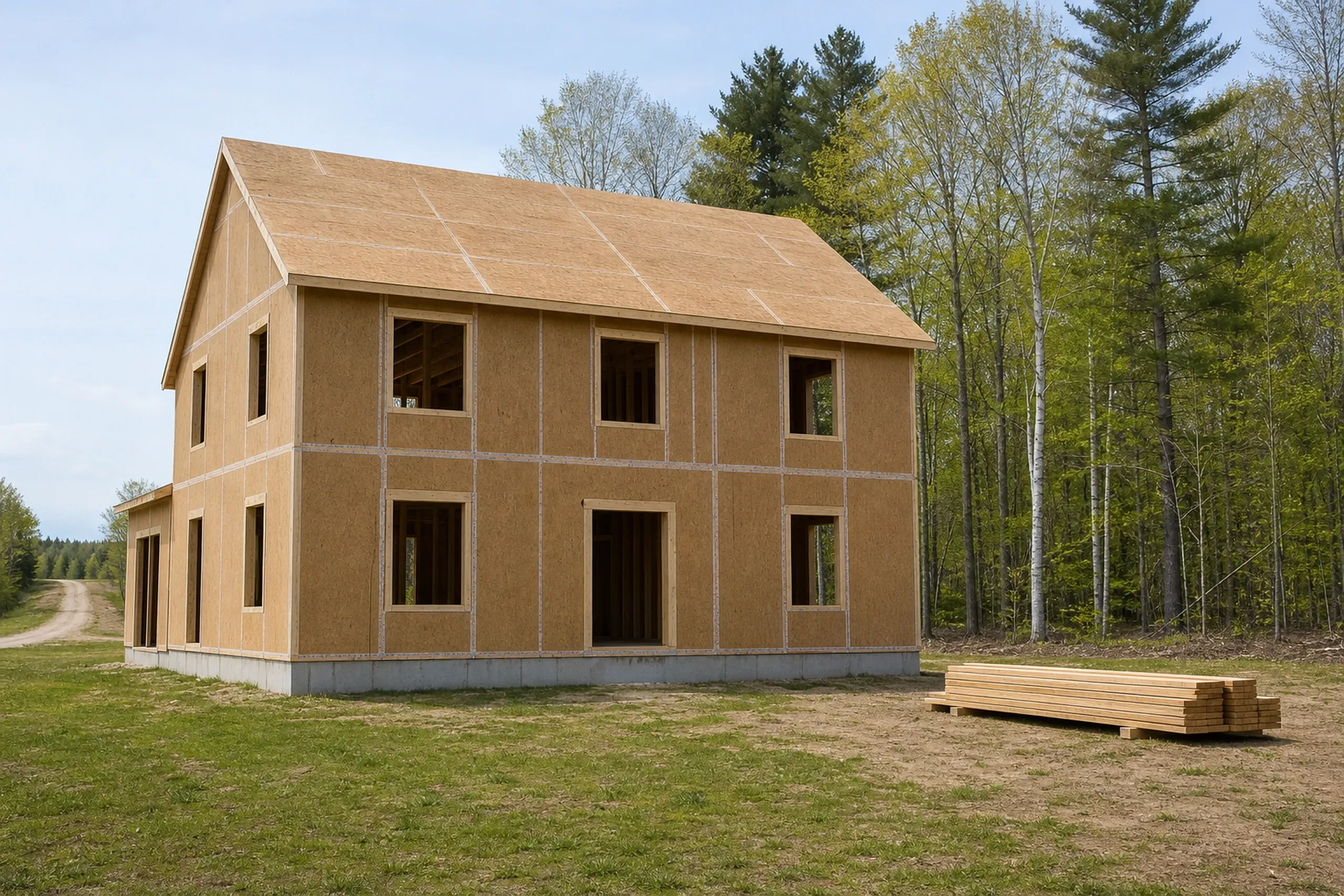 General contractor in Dayton: sheathed two-story house shell on a low concrete base with empty window openings, a lumber stack on bare ground and birch woods beside it