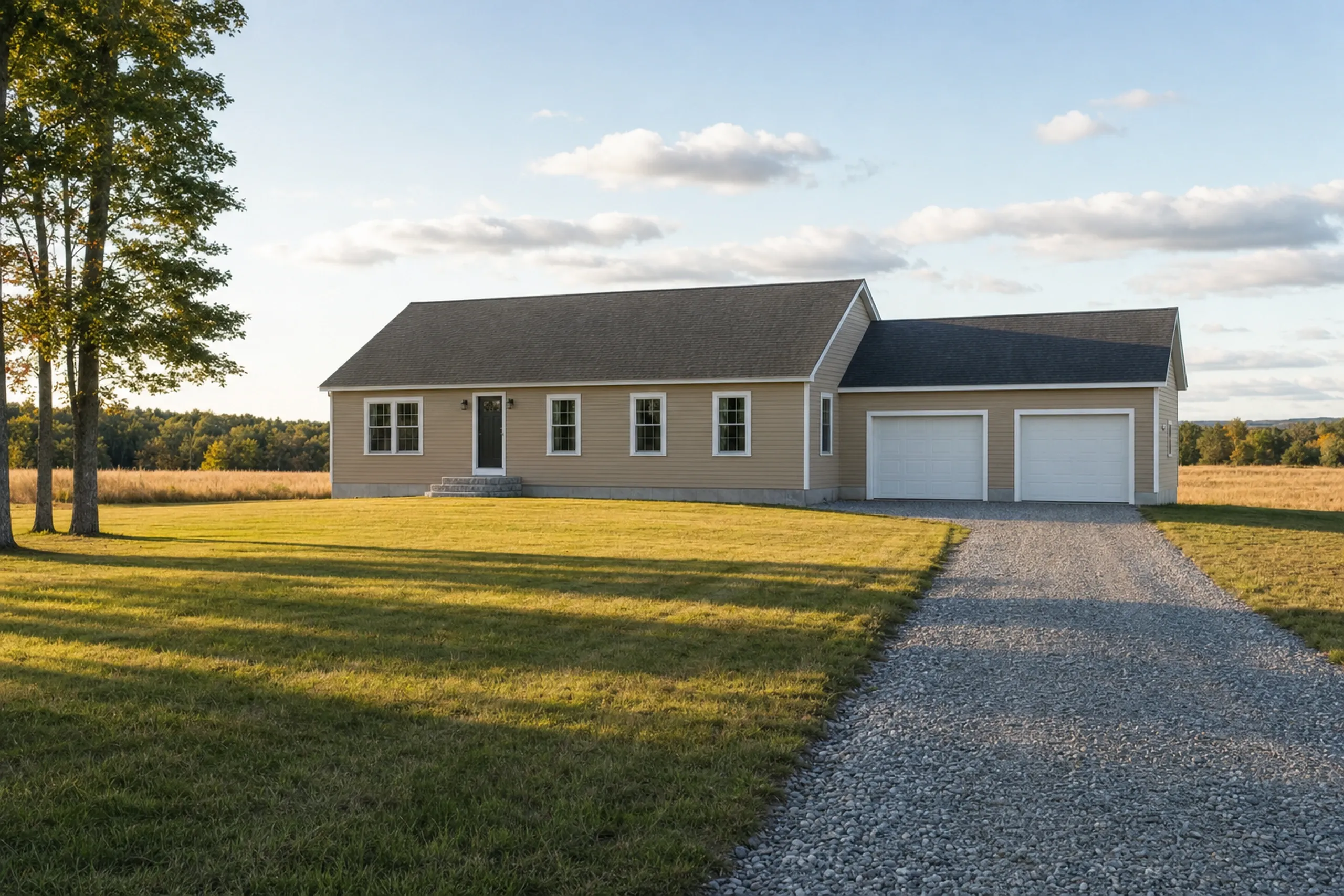 General contractor in Dayton, ME: single-story tan house with a dark roof and an attached two-car garage, a gravel drive and a field of tall grass behind it