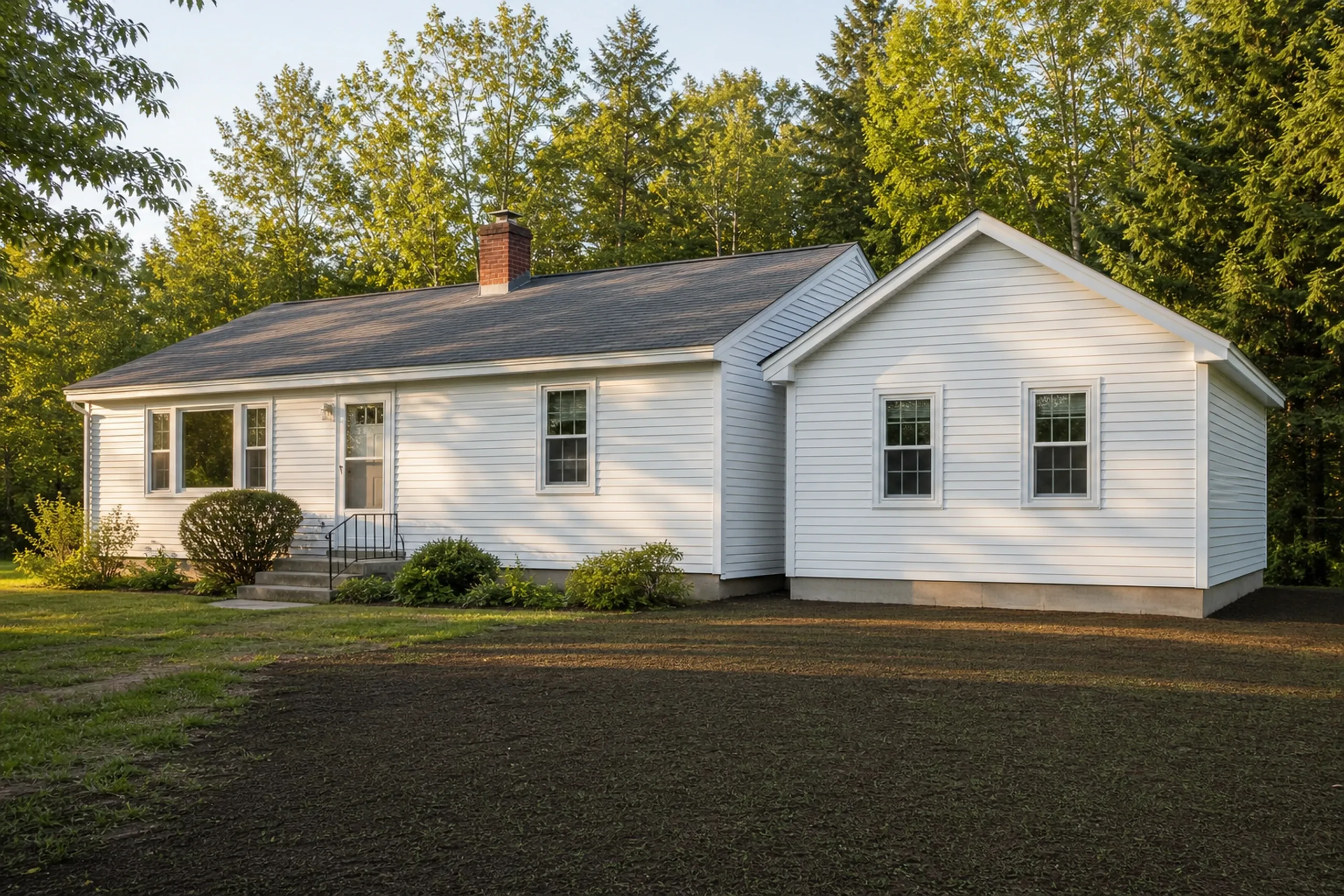 General contractor in Dayton: white single-story house with a brick chimney and a taller gable wing joined to its right end, black railing at the steps, bare soil