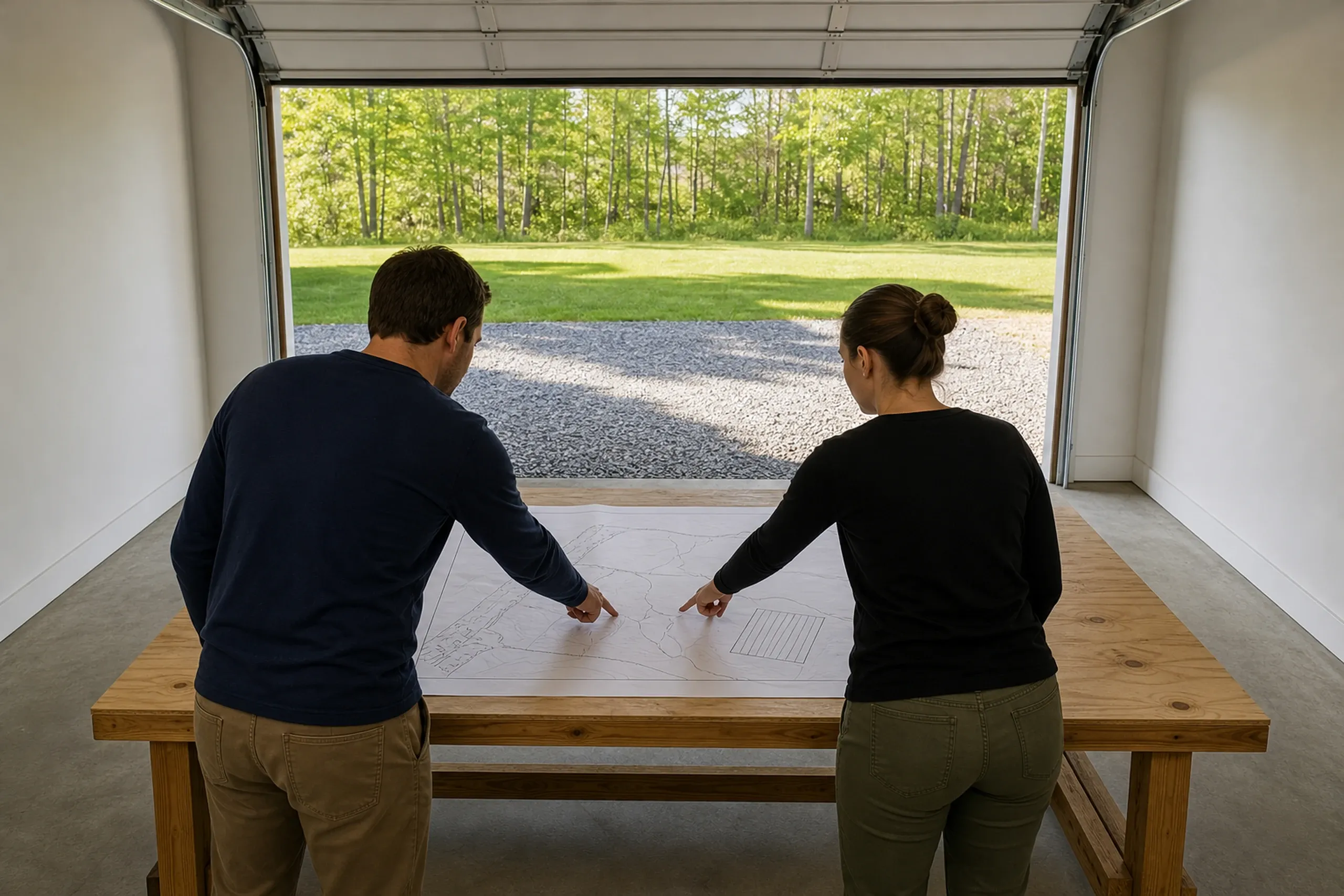 General contractor in Dayton: A man and a woman seen from behind in an open garage bay, pointing at a paper plan on a wooden table, with gravel, lawn and trees beyond