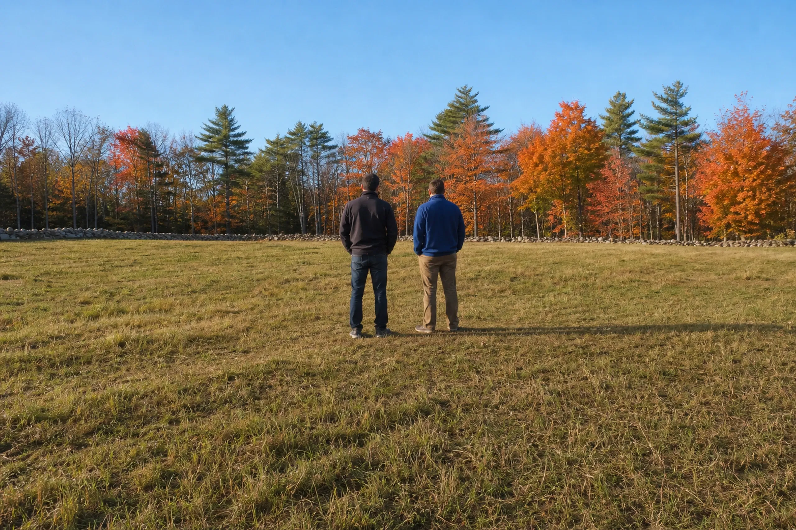 General contractor in Dayton first visit: two men seen from behind on a grassy field edged by a stone wall, one in a dark jacket, one in a blue pullover, facing orange autumn trees