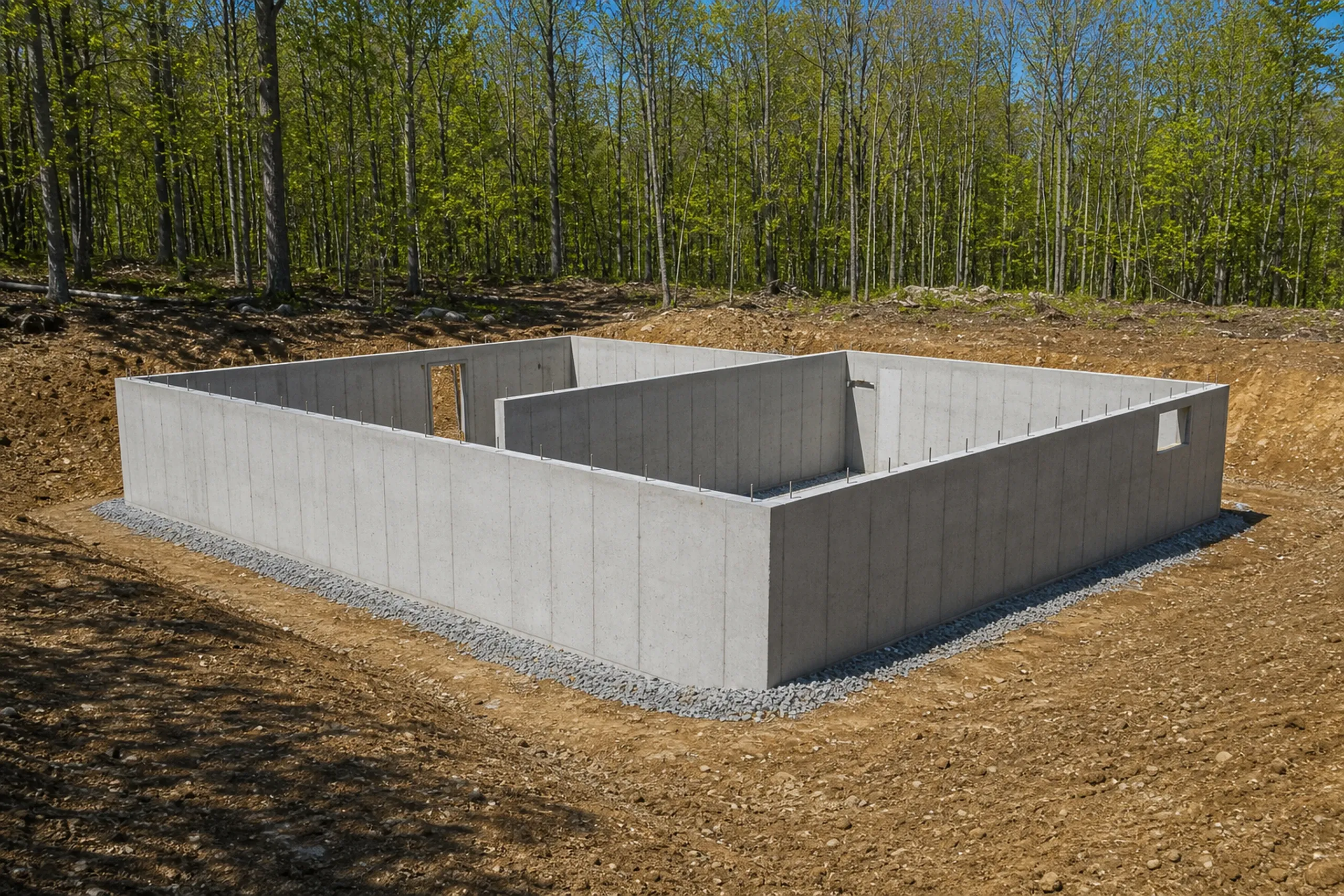 General contractor in Dayton in progress: poured concrete foundation walls with interior walls, a window opening and a gravel border, on cleared brown dirt in front of leafy woods