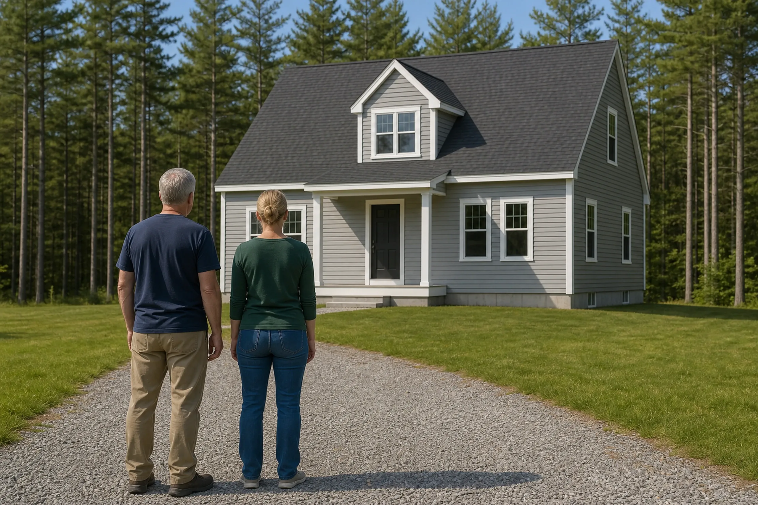 General contractor in Dayton final walkthrough: A man in a navy shirt and a woman in green, seen from behind on gravel, facing a gray house with a front dormer and a black door