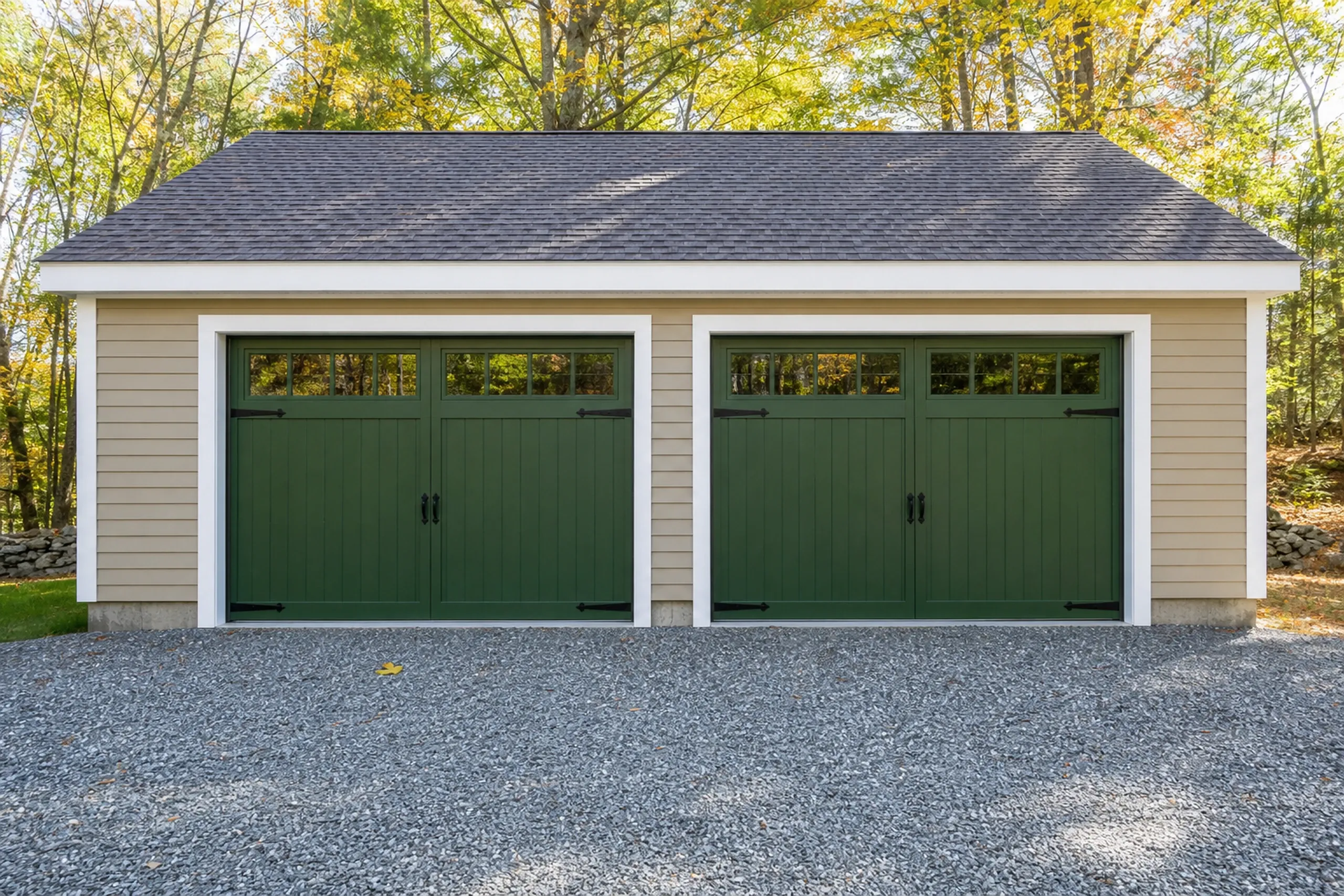 General contractor in Dayton: detached two-car garage with tan siding, white trim, green carriage-style doors with black hinges and small windows, and gravel in front