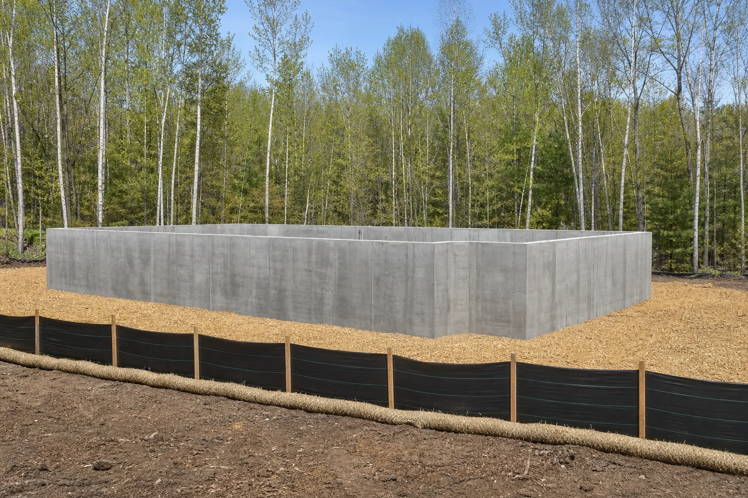 General contractor in Falmouth: poured concrete foundation walls on a patch of mulch, with a black silt fence on stakes and a straw wattle in front, birch trees behind