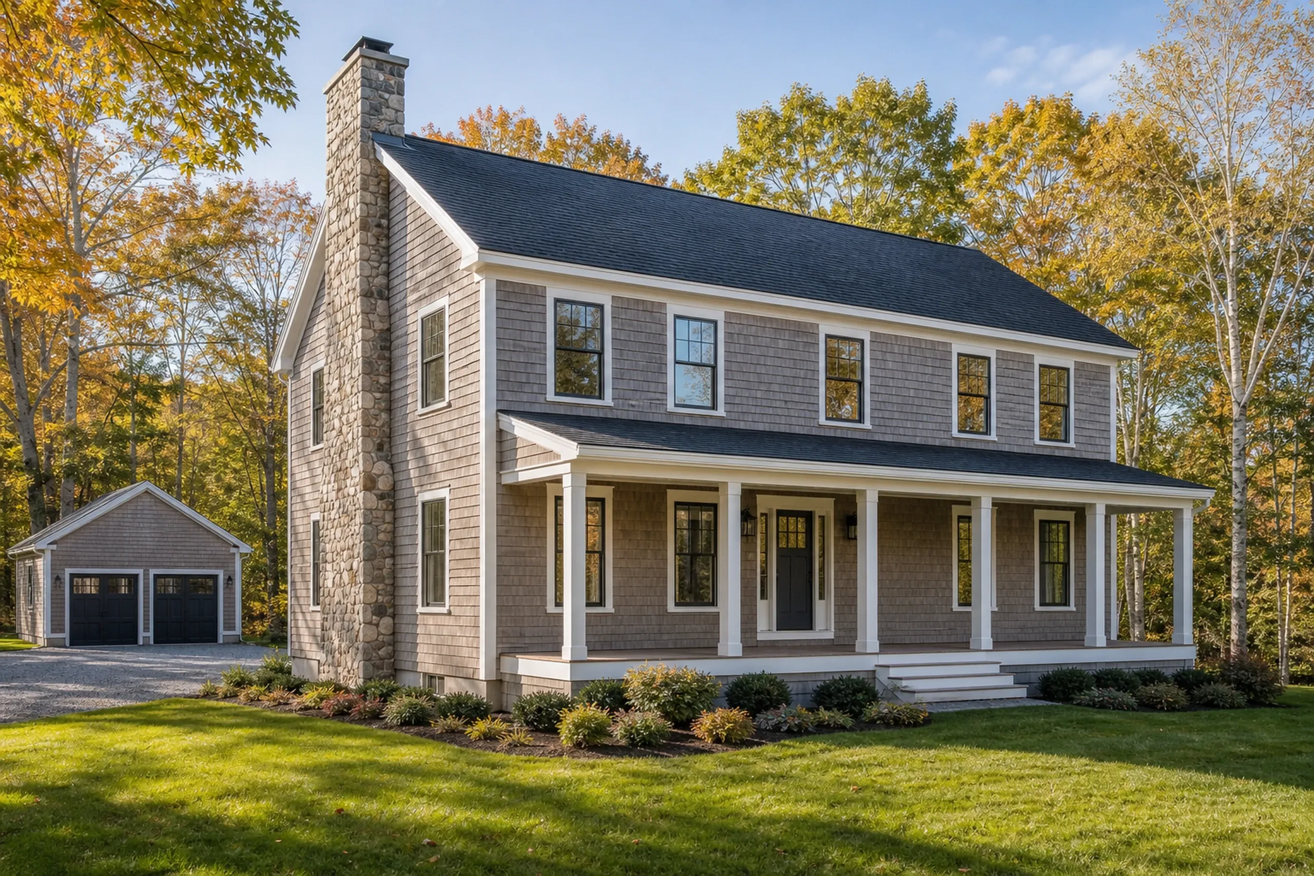 General contractor in Falmouth: gray shingled colonial with a covered front porch and a fieldstone chimney, plus a detached garage with dark doors, among autumn trees