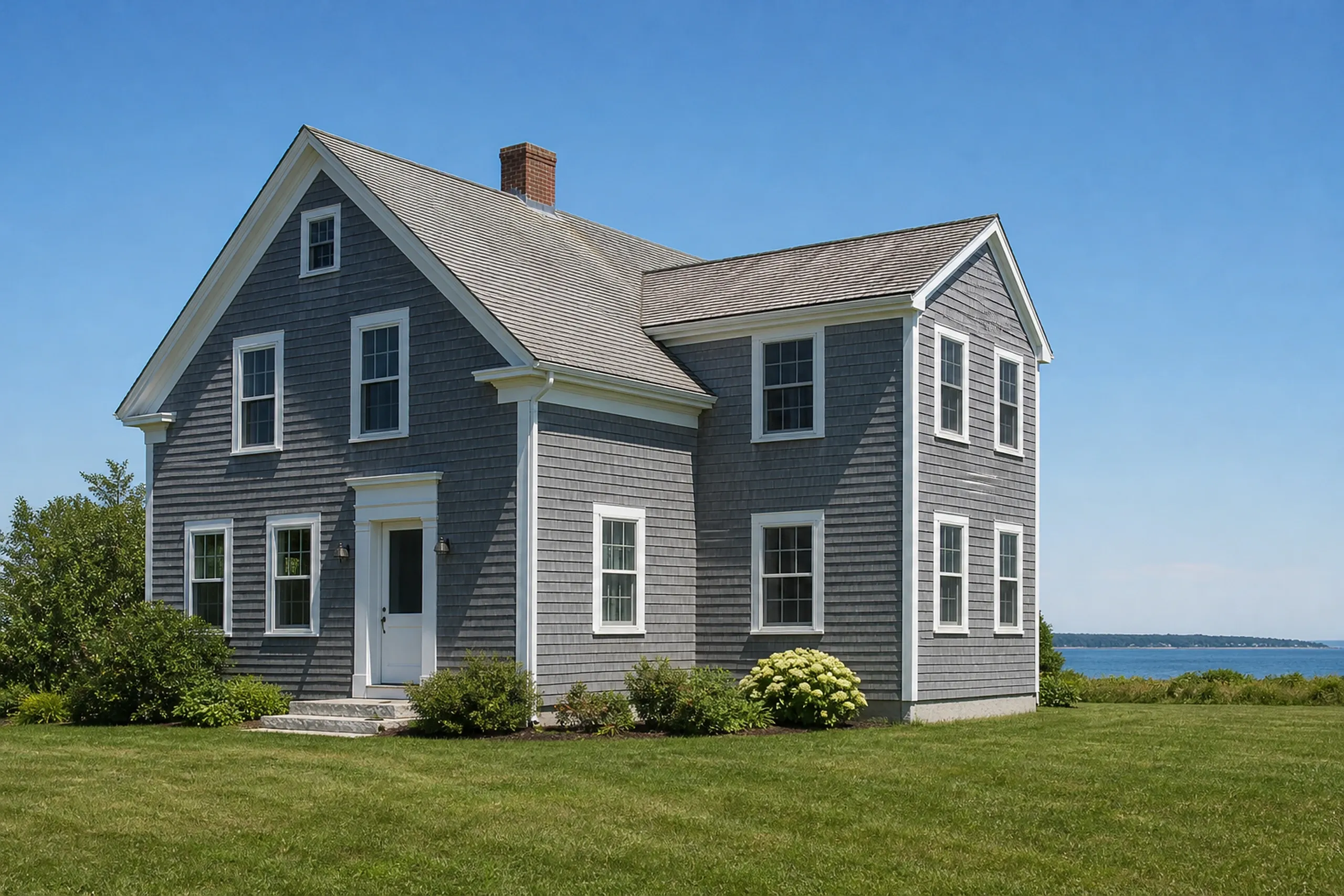 General contractor in Falmouth: blue-gray shingled house with a lower gable wing joined to its side, a brick chimney and a white door, on a lawn with the bay beyond