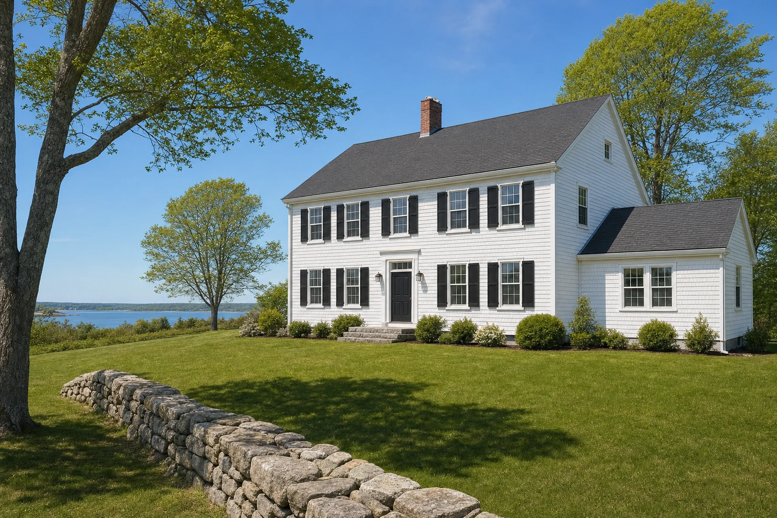 General contractor in Falmouth, ME: white shingled colonial with black shutters, a brick chimney and a one-story wing, on a lawn with a stone wall, a big tree and water beyond