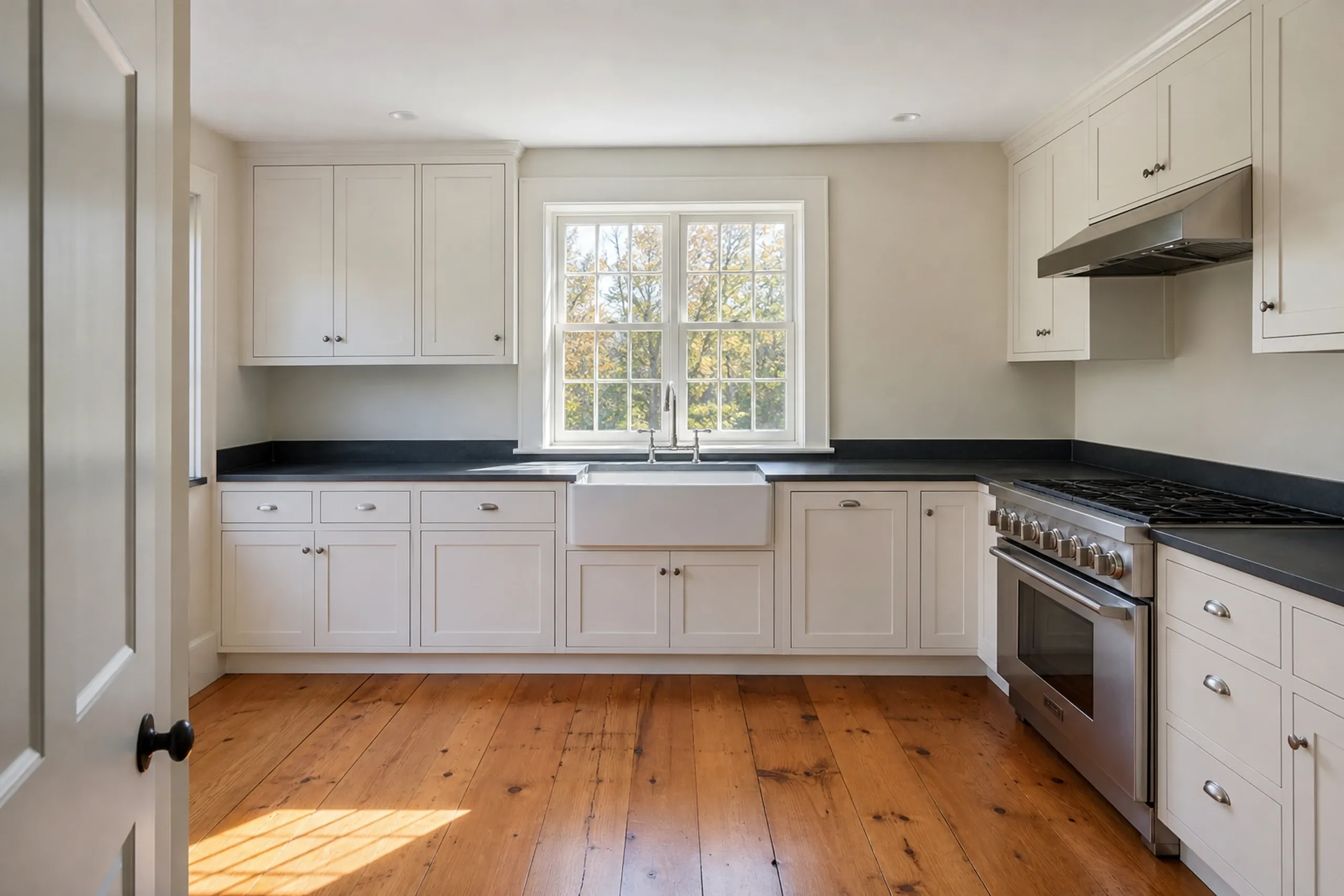 General contractor in Falmouth: kitchen with cream cabinets, a white farmhouse sink under a double-hung window, a stainless range and hood, and wide plank wood floors