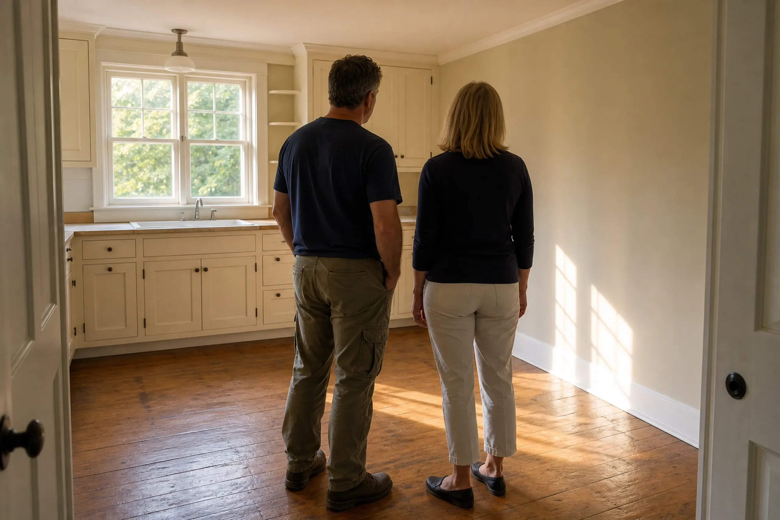 General contractor in Falmouth first visit: A man and a woman seen from behind in an empty kitchen with cream cabinets, a sink under a window and worn wood plank floors