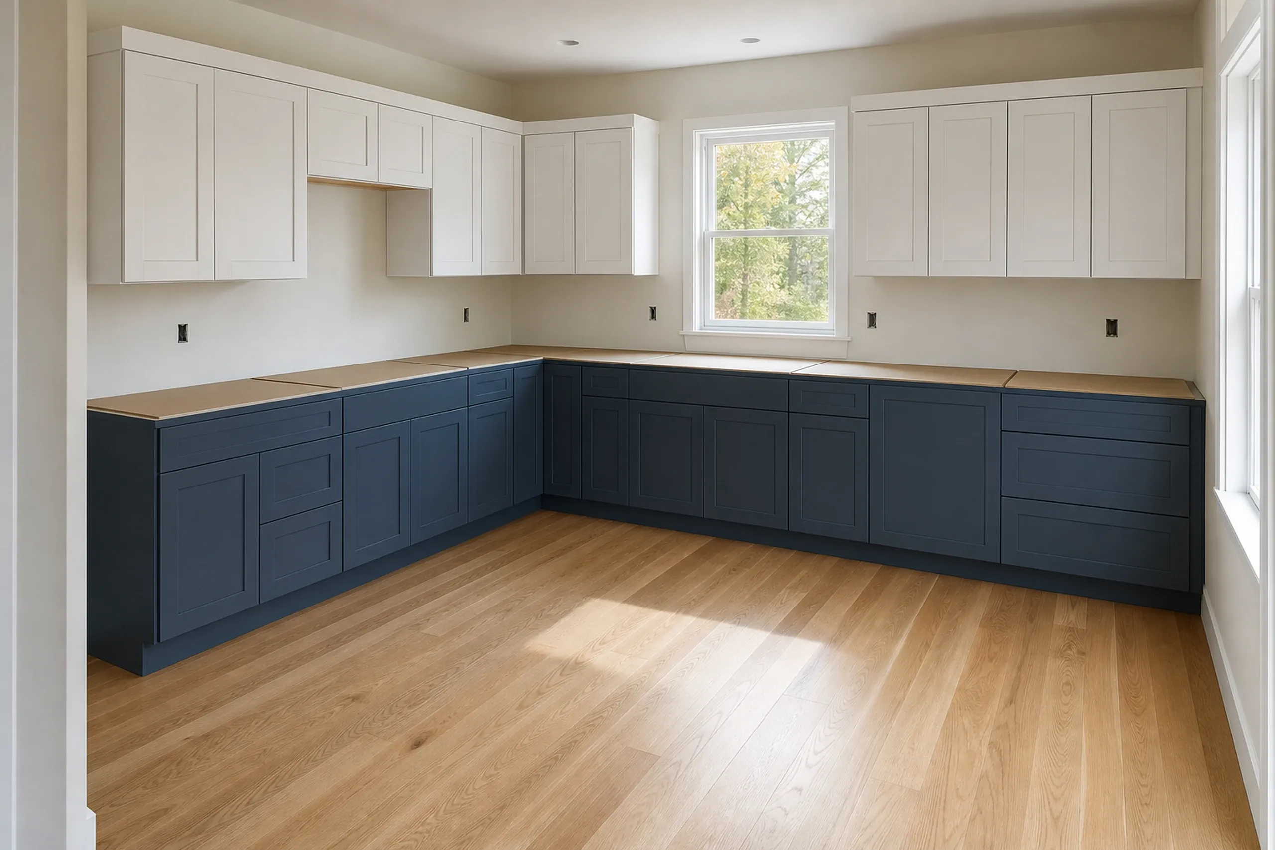 General contractor in Falmouth: kitchen with navy base cabinets and white upper cabinets installed, bare plywood tops where counters will go, a window and light oak floors