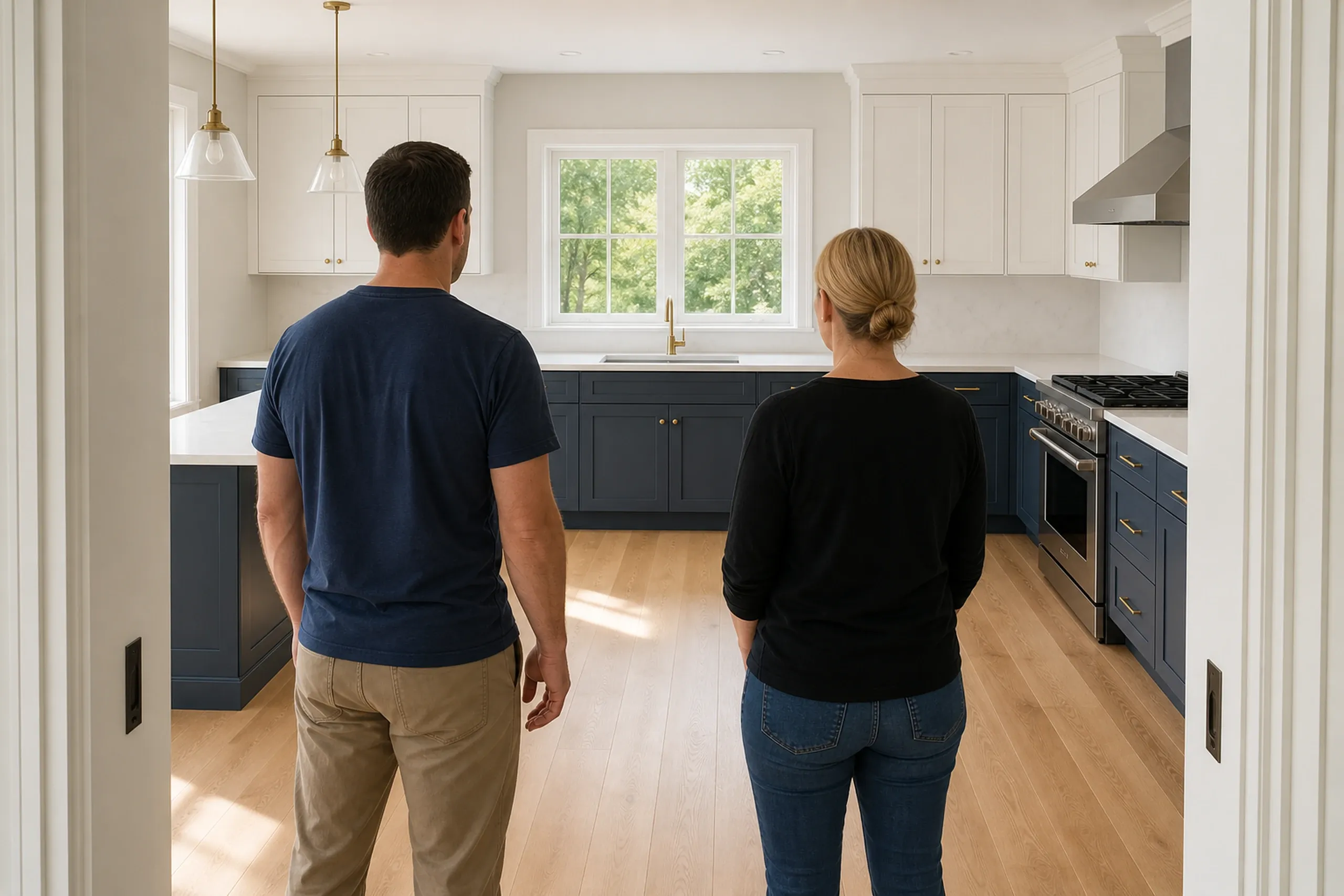 General contractor in Falmouth final walkthrough: A man and a woman seen from behind in a doorway, facing a kitchen with navy base cabinets, white upper cabinets and a sink window
