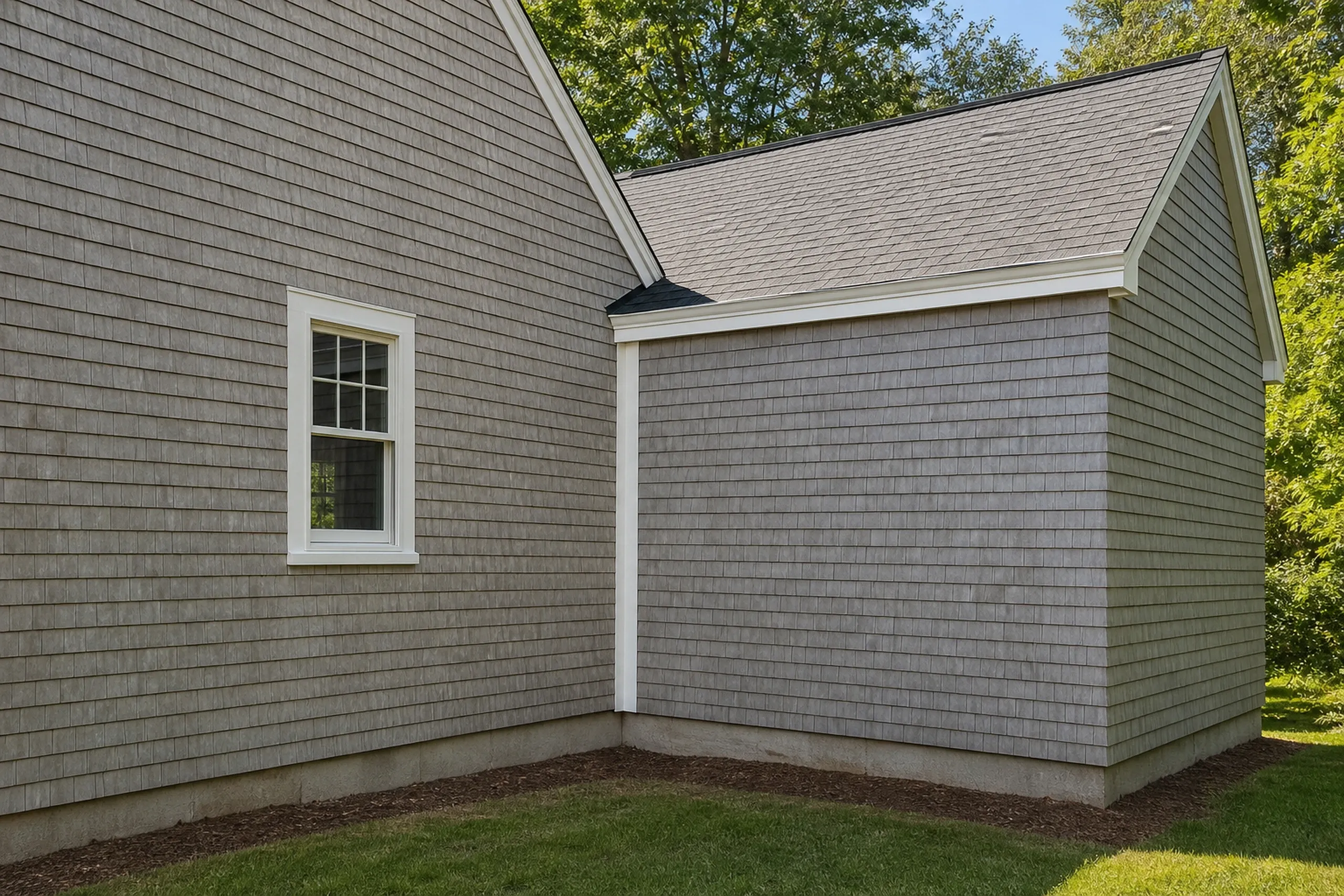 General contractor in Falmouth: gray shingle siding on a house wall and a gabled side wing with white trim and a gray roof, with a mulch bed beside the lawn