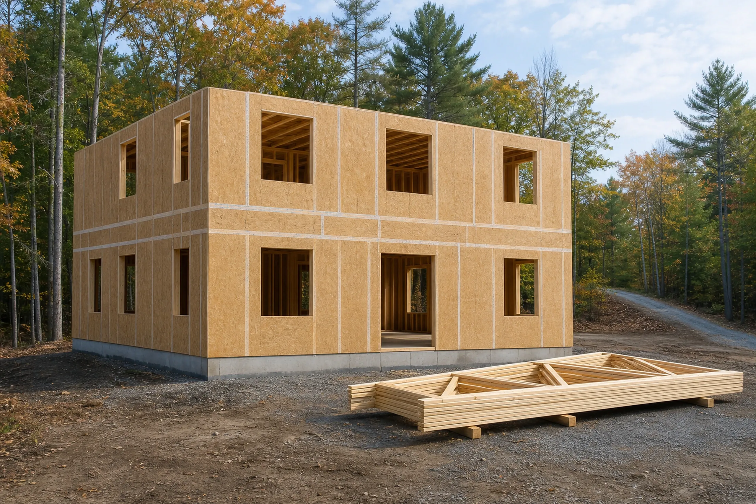 General contractor in Falmouth: A two-story house frame in sheathing panels with open window holes on a concrete foundation, with lumber on gravel in autumn woods