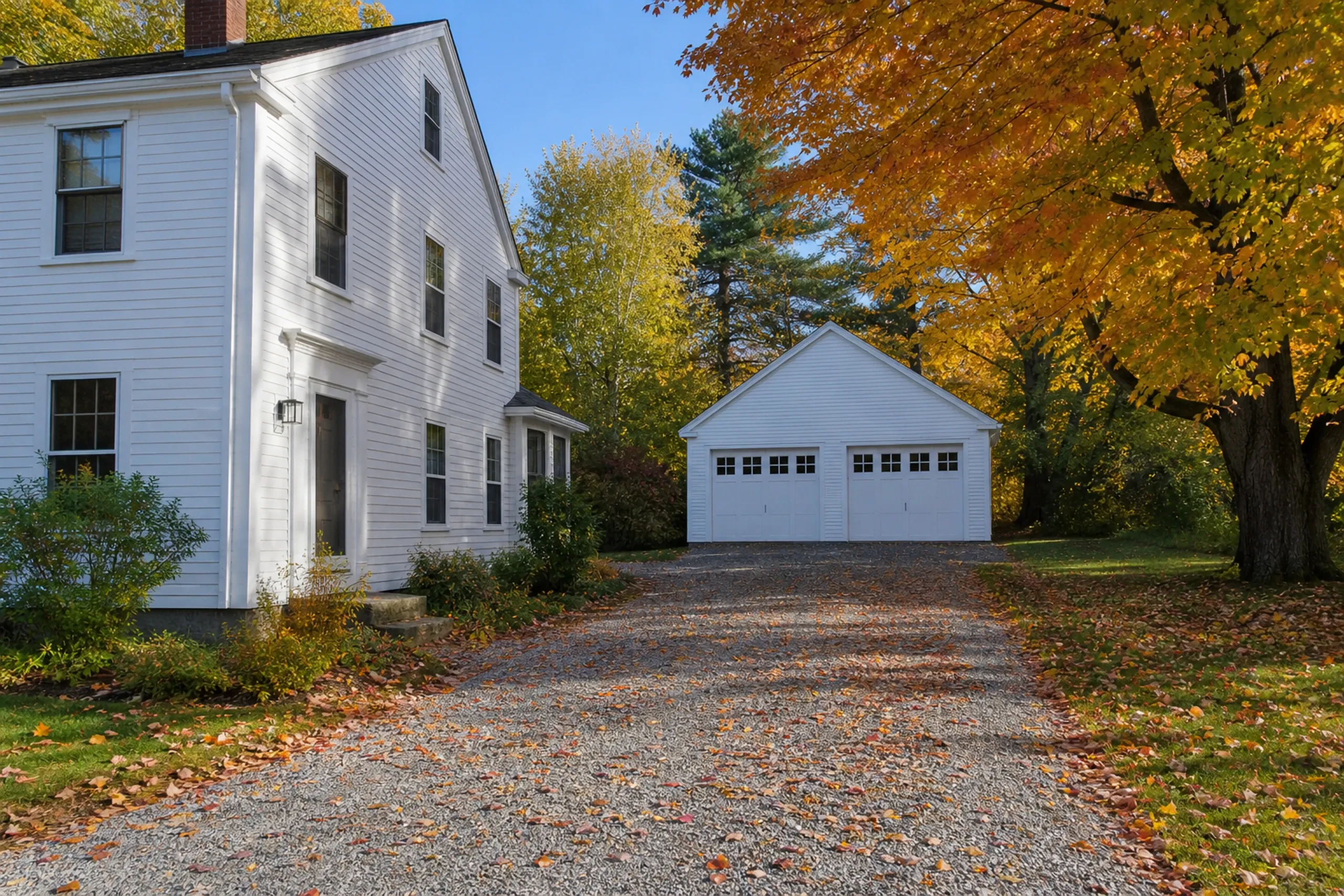 General contractor in Freeport: A white clapboard house beside a gravel driveway leading to a white two-car detached garage, under a maple in orange autumn leaves